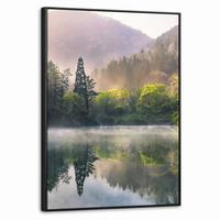 LEINWAND Bilder mit Rahmen - Natur - Bäume - Berge - See - Wasser - 60x80 - Hellgrün, Textil (60/80cm) - MuchoWow