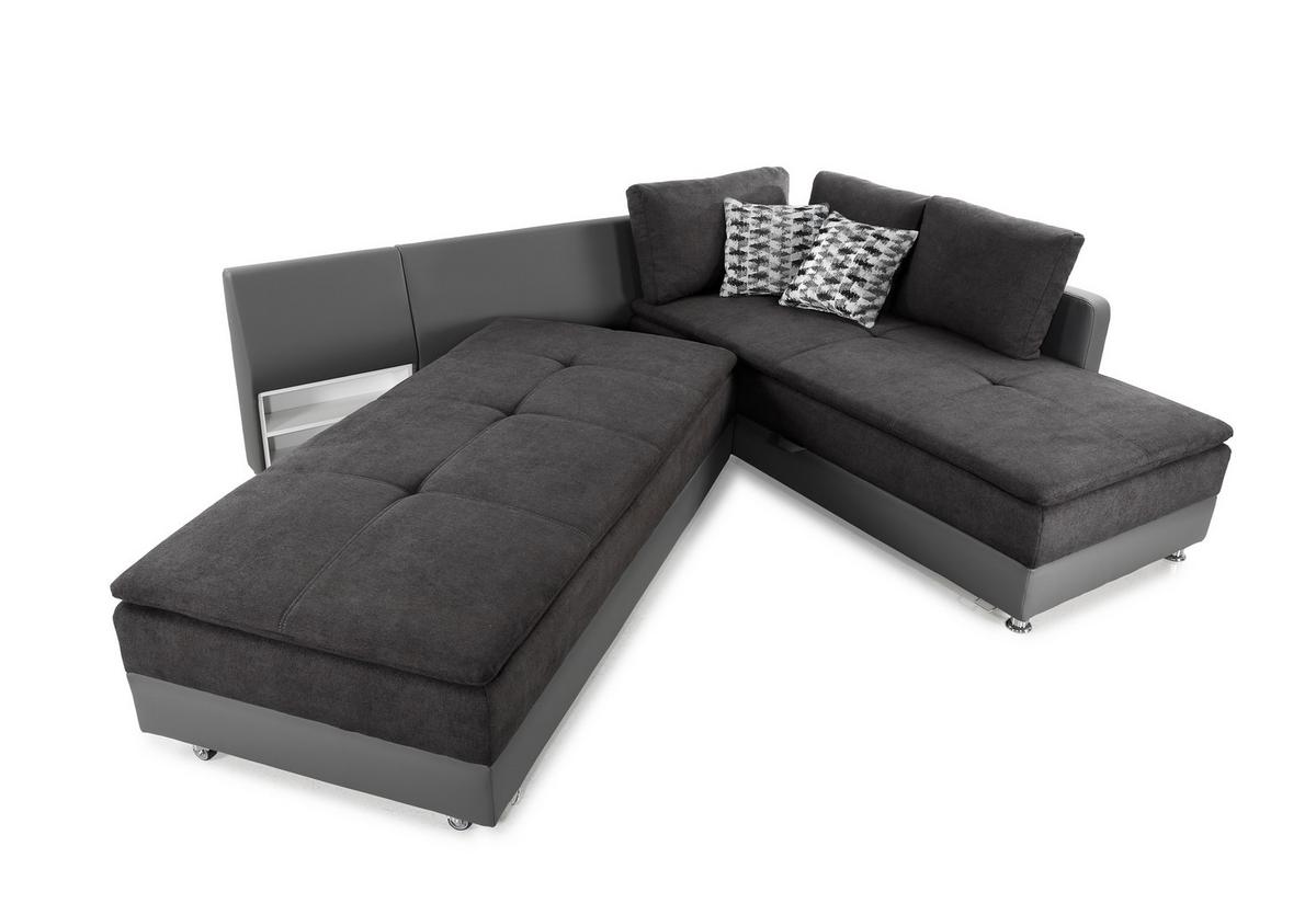 ECKSOFA-DAUERSCHLÄFER Doppelbett Boxspring Federkern Topper, Schwenkteil links B306/T223/H95 cm, Kunstleder Grau+Mikrofaser Anthrazit / 15105 - Chromfarben/Anthrazit, Kunststoff/Textil (306/223cm) - luma-home