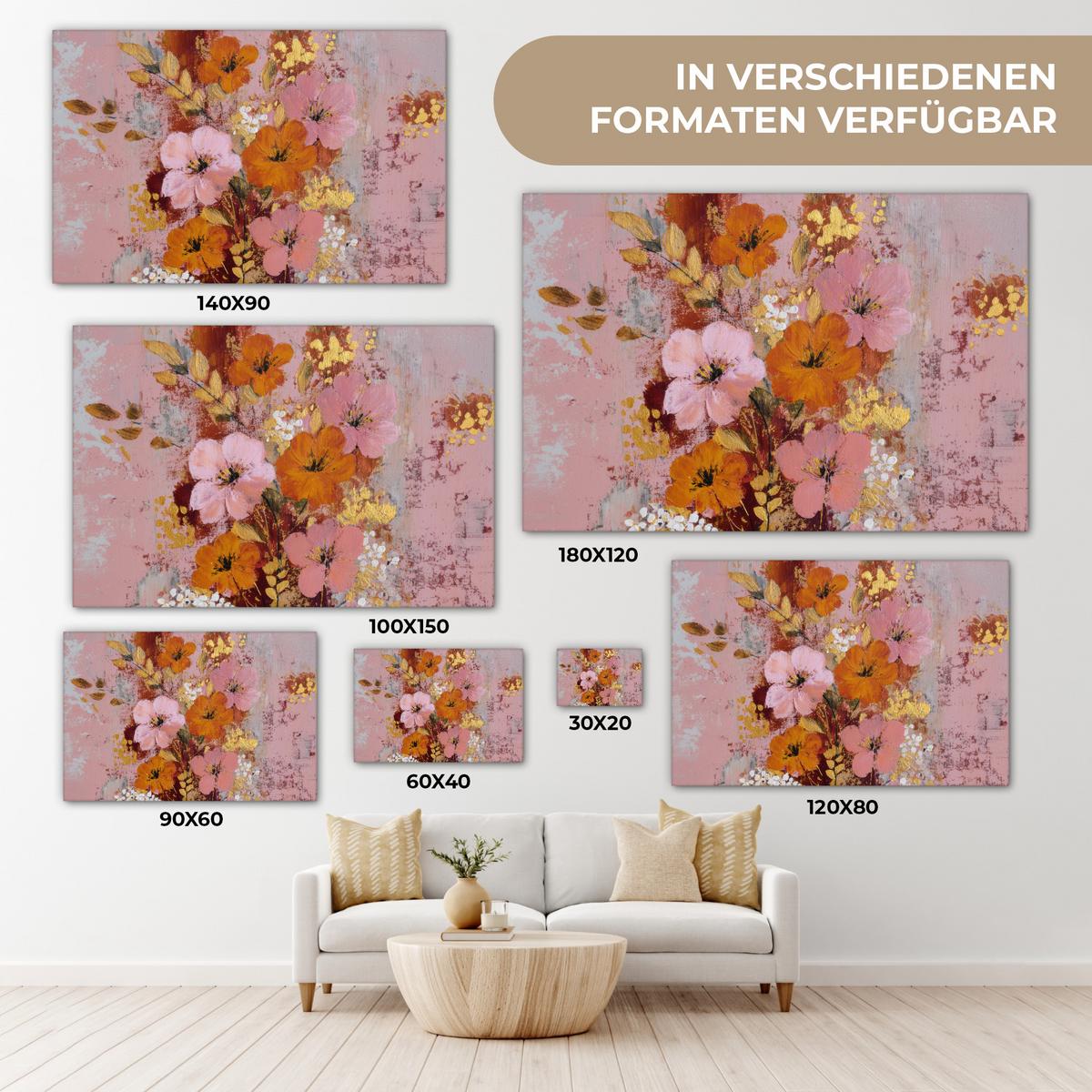 LEINWANDBILD Malerei - Blumen - Rustikal - Rosa Wohnzimmer Groß 120x80 cm - Altrosa, Textil (120/80cm) - MuchoWow