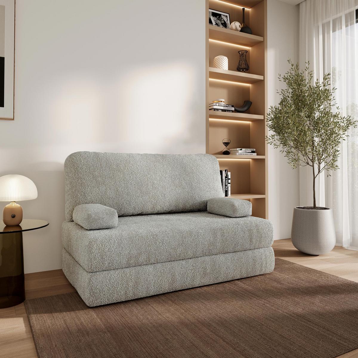 BETTSOFA KESTE aus Schaumstoff Bucle-Stoff Hellgrau Schlaffunktion - Hellgrau, Textil (140/86/60cm) - MASSENO