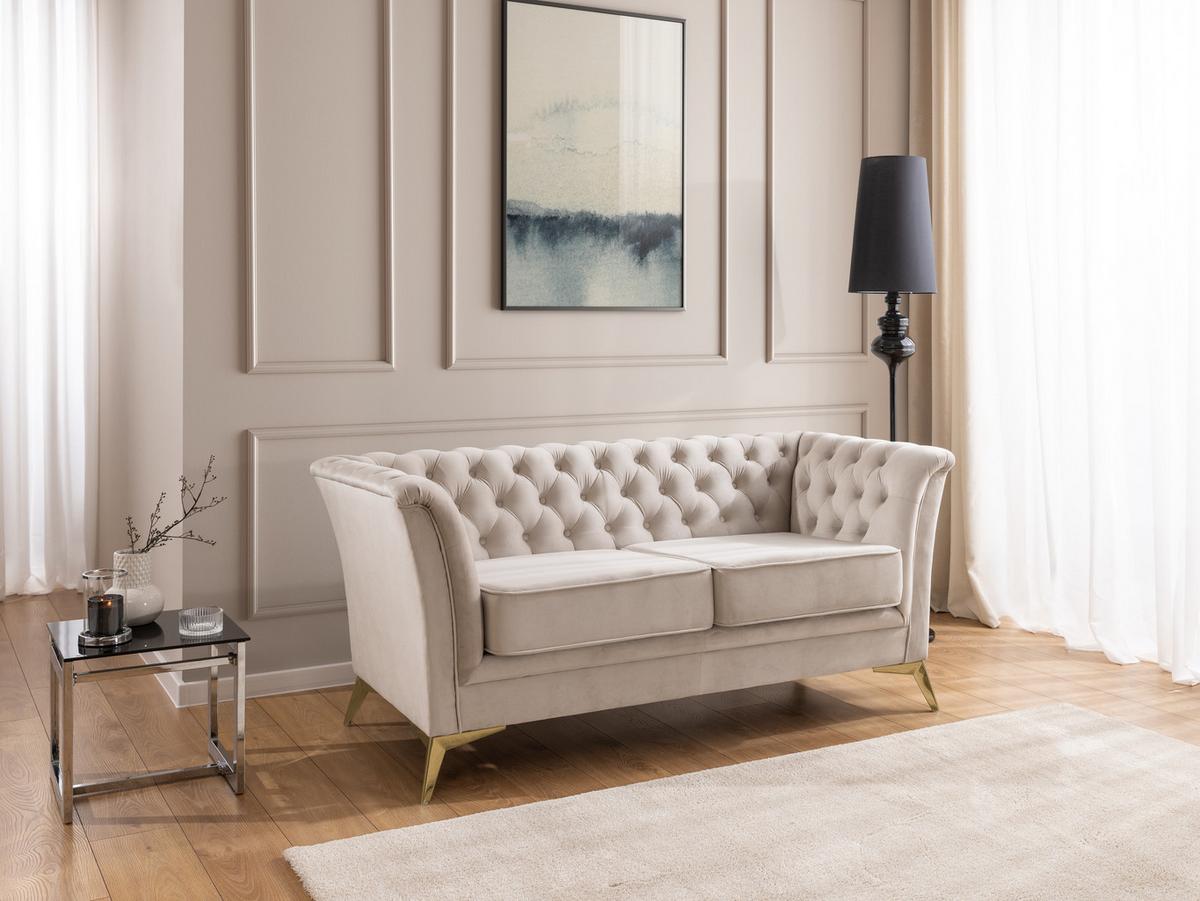 CHESTERFIELD-SOFA 2-sitzer Whitby Beige Samt mit goldenen Füßen - Beige/Goldfarben, Holz/Textil (175/78/82cm) - S-Style Möbel