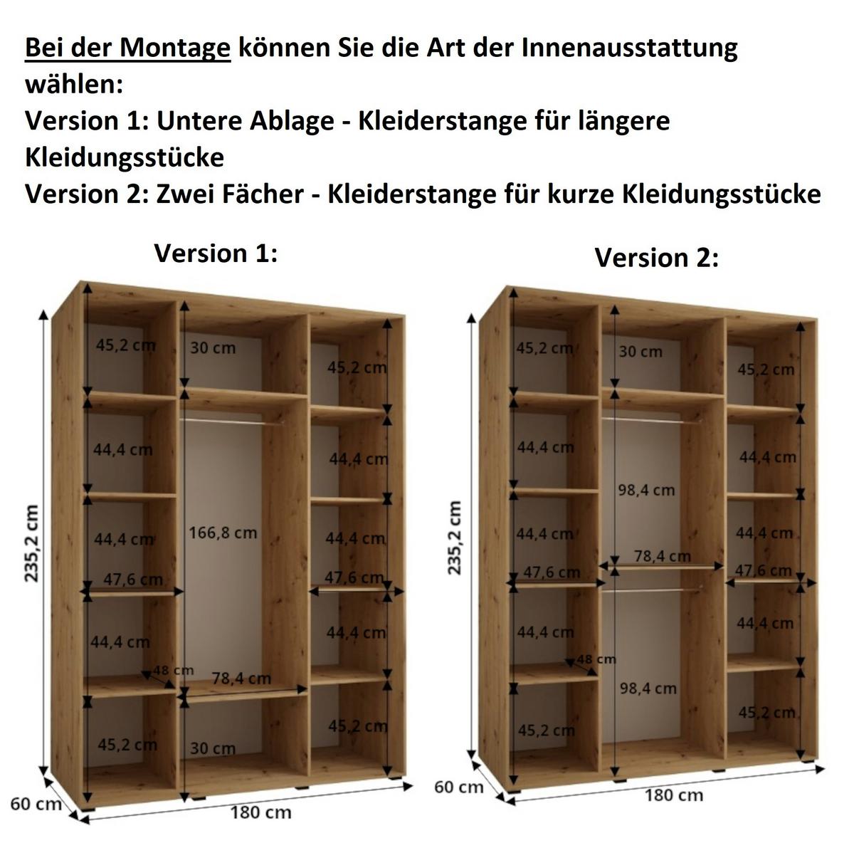 SCHWEBETÜRENSCHRANK 235,2/180/60 3-türig - Kaschmir/Schwarz, Holz/Metall (180/235.2/60cm) - MÖBEL KRYSPOL