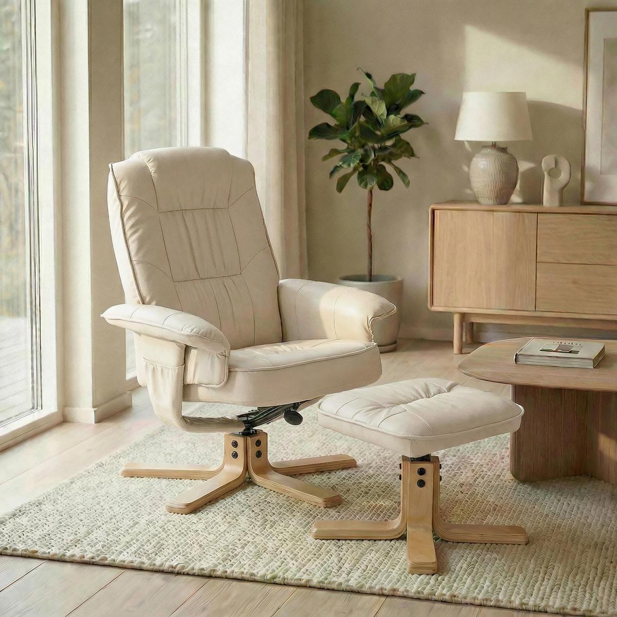 RELAXSESSEL KUNSTLEDER, SET MIT HOCKER CHARLY - Beige, Textil (76/87/61cm) - IDIMEX