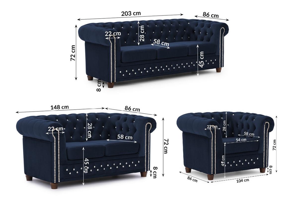 SITZGARNITUR 3+2+1 Chesterfield Cleo Blink Marineblau Samt mit Kristallsteppung und braunen Massivholzfüßen - Blau/Braun, Holz/Textil (203/72/86cm) - S-Style Möbel