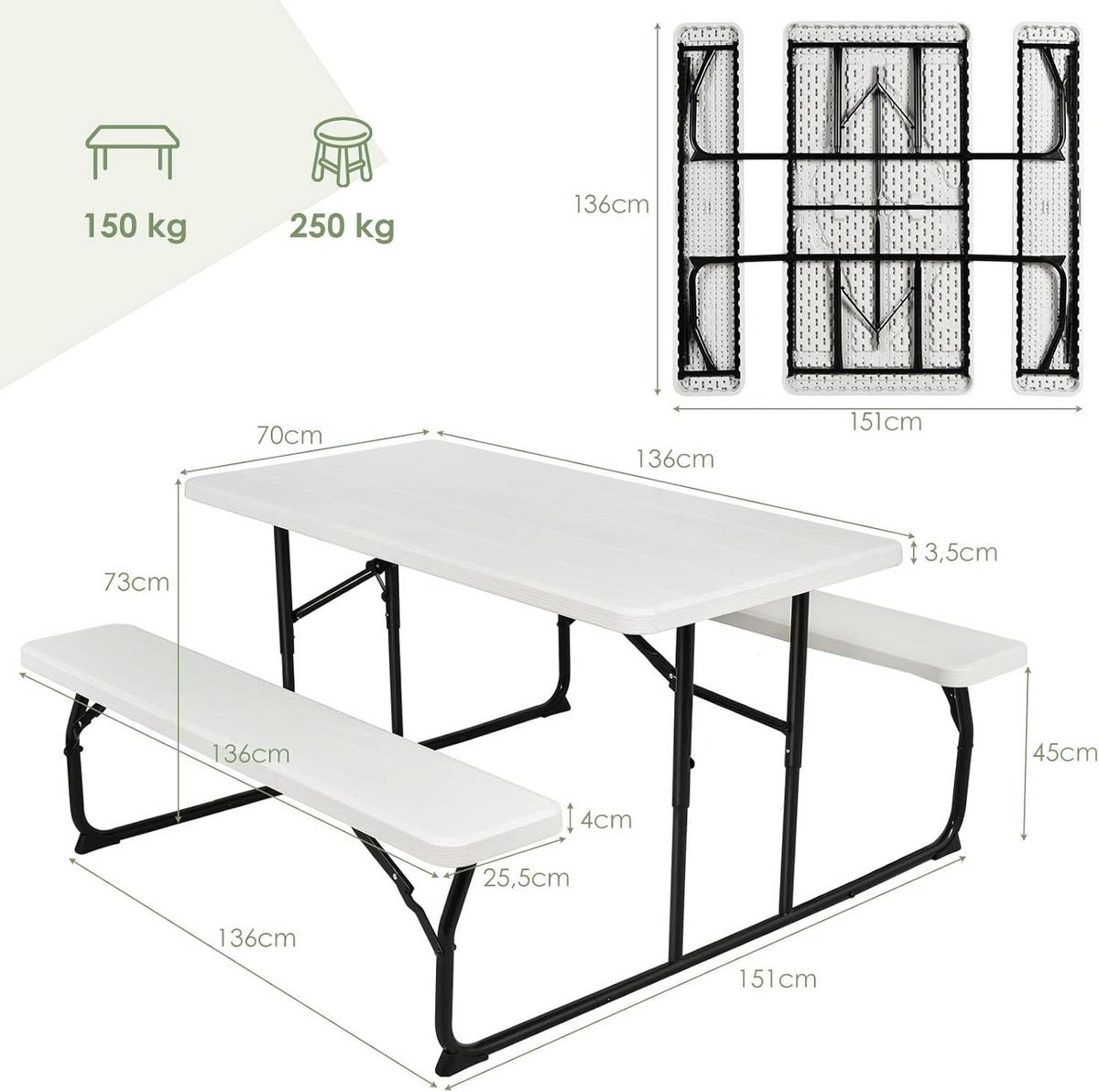 PICKNICKTISCH Klappbarer Weiß - Weiß, Metall - COSTWAY