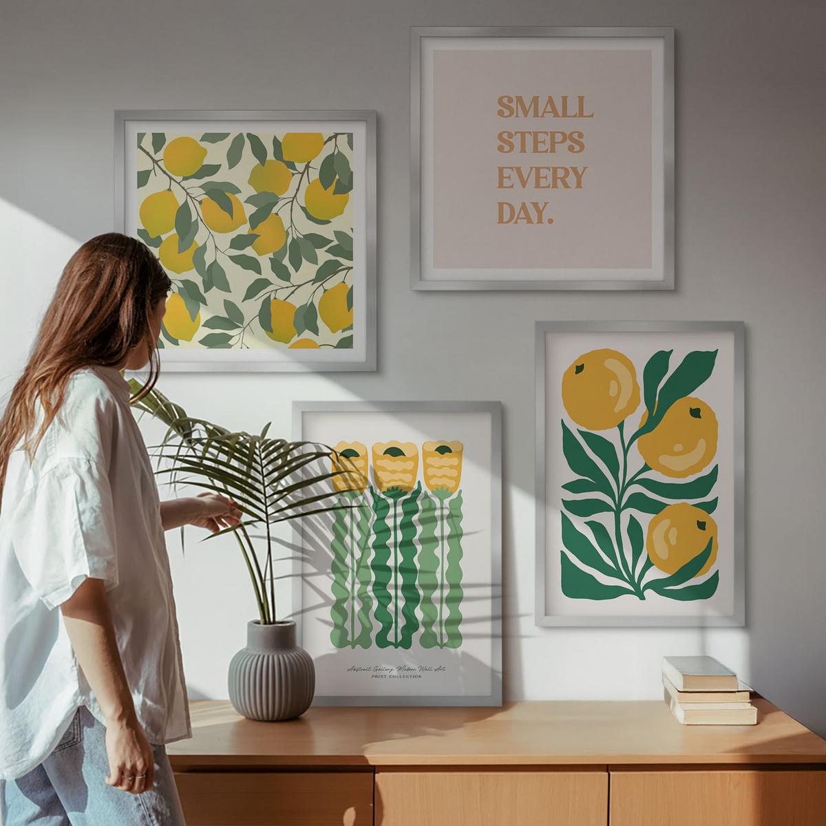 BILDER SET 4er Set - 50x50 cm & 40x60 cm Silberner Rahmen - Pflanzenmuster mit Blumen - Silberfarben, Kunststoff (50/50cm) - TULUP