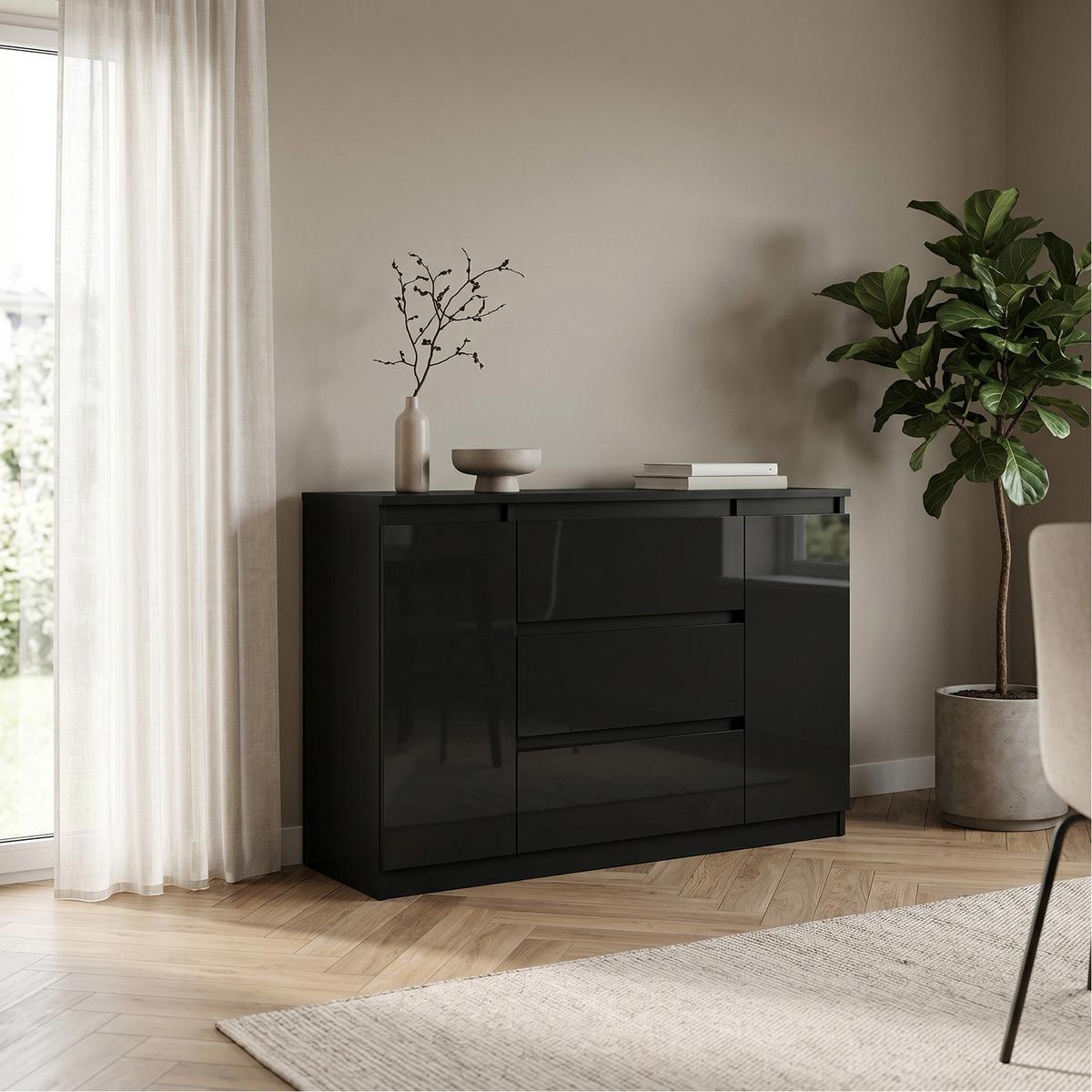 KOMMODE NUDO 120/78,5/39cm mit 3 Schubladen 2 Türen Schwarz - Schwarz Hochglanz/Schwarz, Holzwerkstoff (120/78.5/39cm) - MASSENO