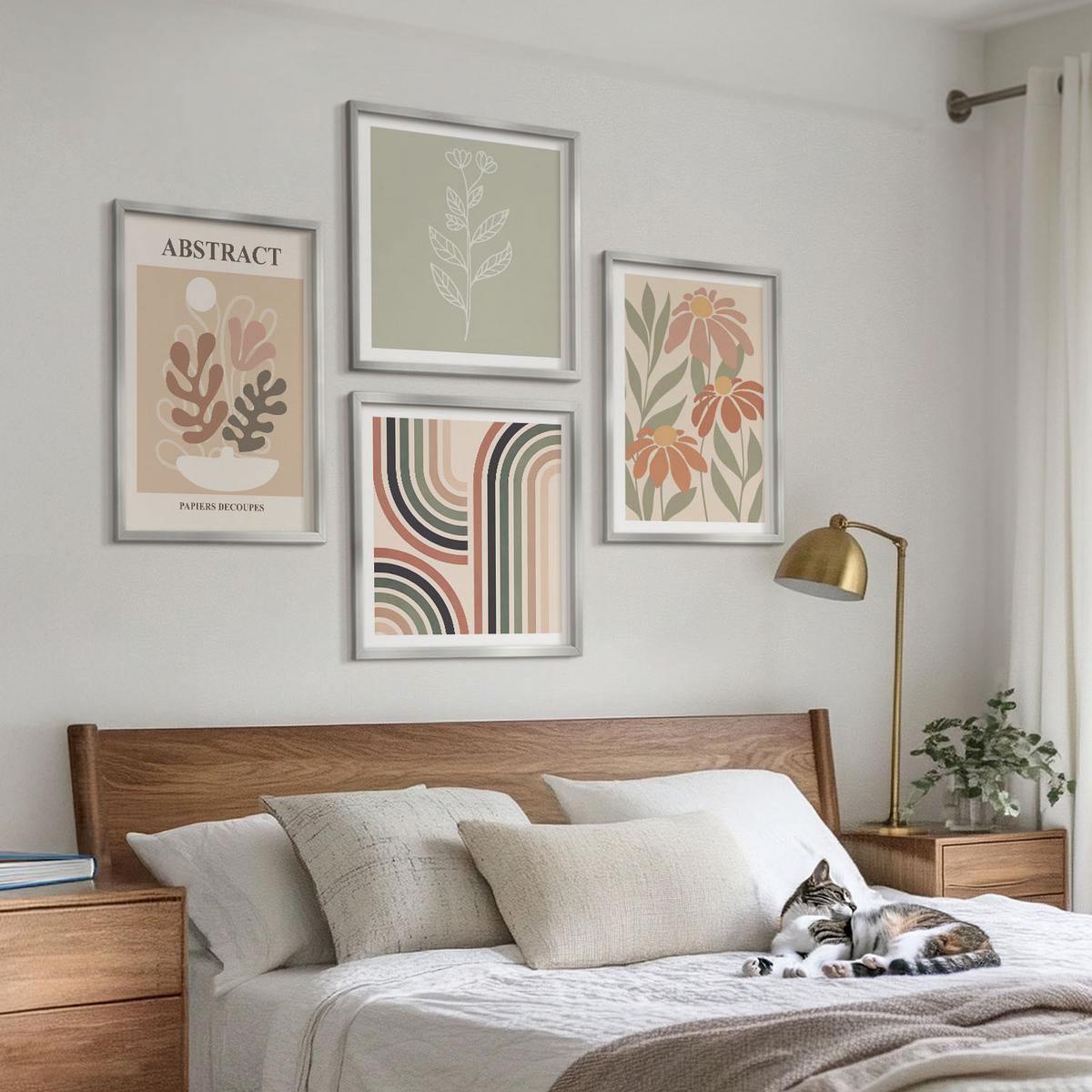 BILDER SET 4er Set - 50x50 cm & 40x60 cm Silberner Rahmen - Abstrakte Pastellpflanzen - Silberfarben, Kunststoff (50/50cm) - TULUP