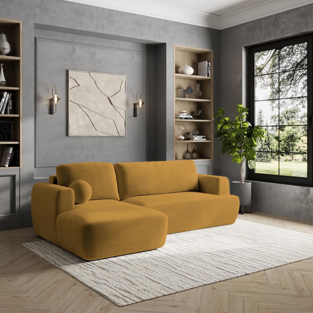 ECKSOFA SENTI K L-S Gelb Plüsch-Stoff mit Schlaffunktion - Gelb/Schwarz, Holz/Kunststoff (246/148cm) - MASSENO