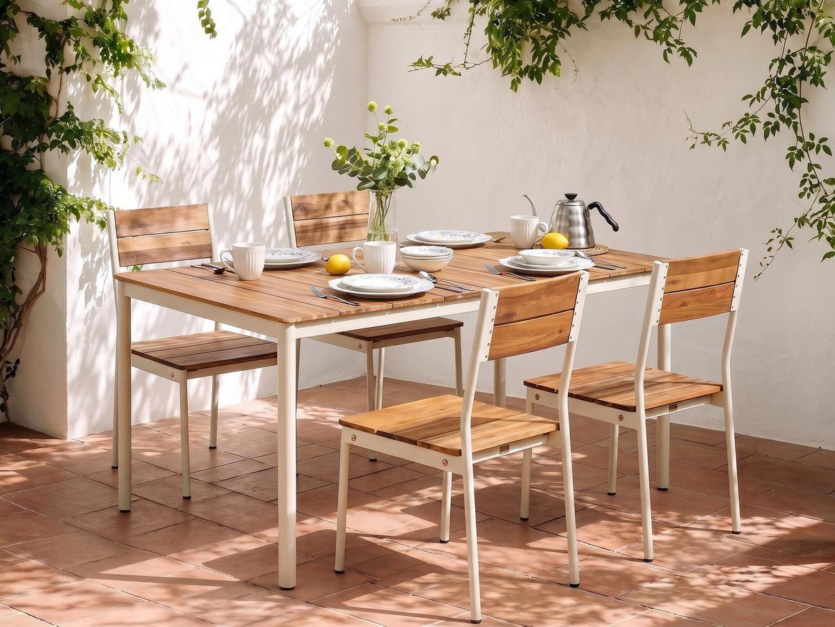 GARTENMÖBEL-SET 4-Sitzer Akazienholz Braun Giovinazzo - Creme, Holz - Beliani