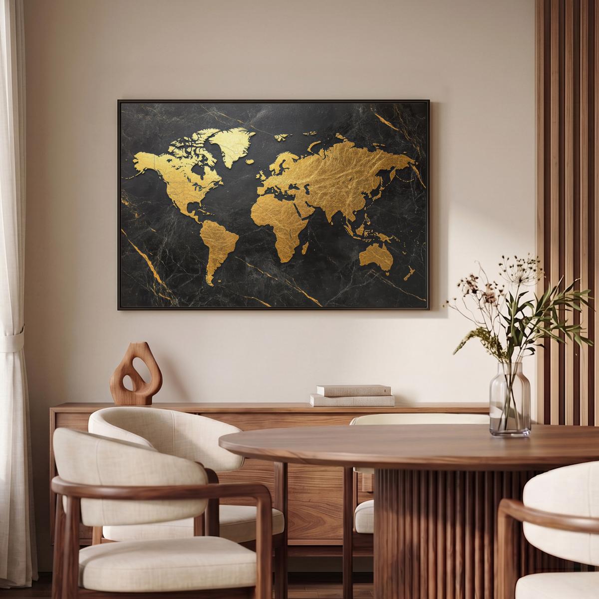 LEINWAND Bilder mit Rahmen - Weltkarte - Gold - Marmor - 90x60 - Goldfarben, Textil (90/60cm) - MuchoWow