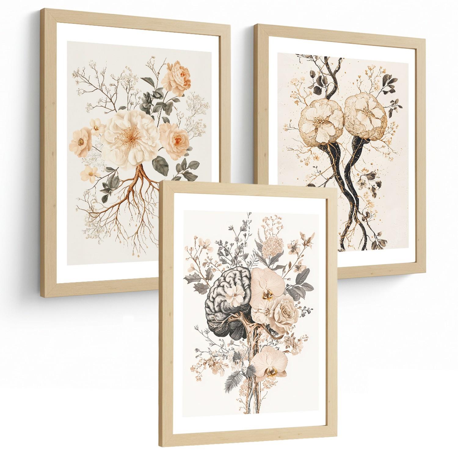 POSTER Set aus 3 Neuronale Anatomie Drucke und Wandbilder mit Neuronen Synapsen und Gehirn Minimalistischer Floraler Stil Größe Leichter Holzrahmen A4 - Beige, Papier (21/29.7/3cm) - Nacnic