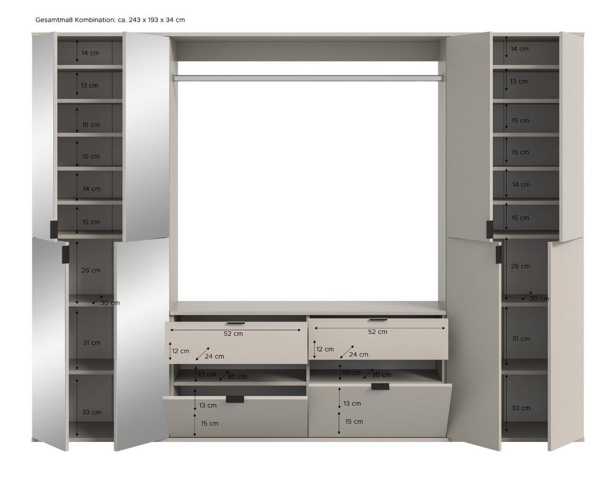GARDEROBEN-SET Kaschmir 243 x 193 cm, Schuhschrank mit Spiegel - Kaschmir/Schwarz, Glas/Holzwerkstoff (243/193/34cm) - Inn.Furn