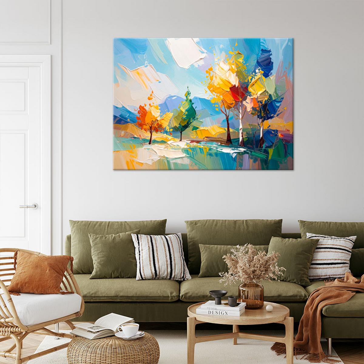 LEINWANDBILD Bunte Landschaft Bäume Wald Ölgemälde-Imitation 120x80cm - Multicolor, Textil (120/80cm) - Feeby