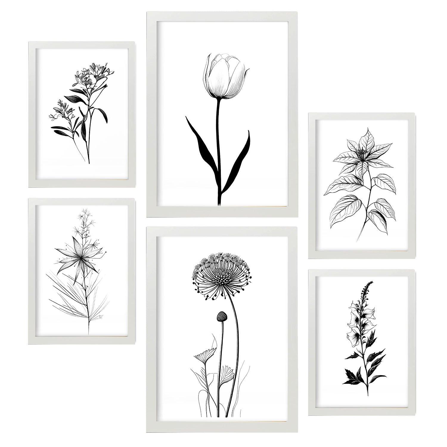 POSTER Set Mit 6 Kleine Blumen Natur Und Botanikdrucke Mit Blumenmotiven In Klassischem Schwarz Und Weiß Innenarchitektur A3 & A4 Weißer Rahmen - Weiß, Papier (29/3cm) - Nacnic