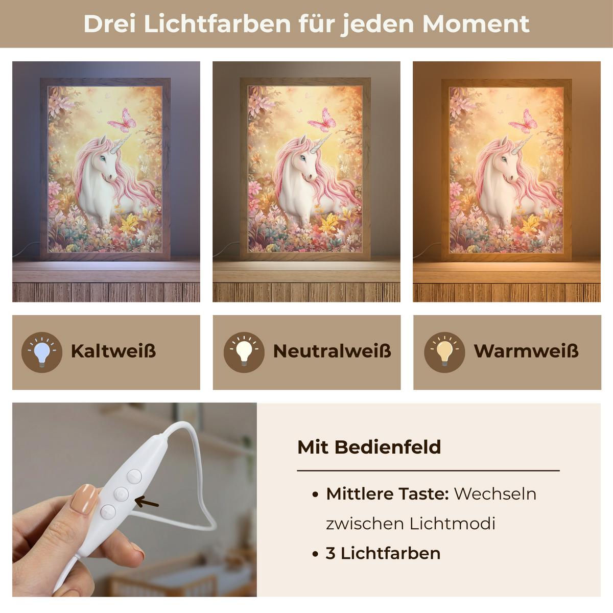 NACHTTISCHLAMPE Einhorn - Blumen - Schmetterling - Rosa 20x30 cm - Beige, Holzwerkstoff (8/20/30cm) - OnlyWow
