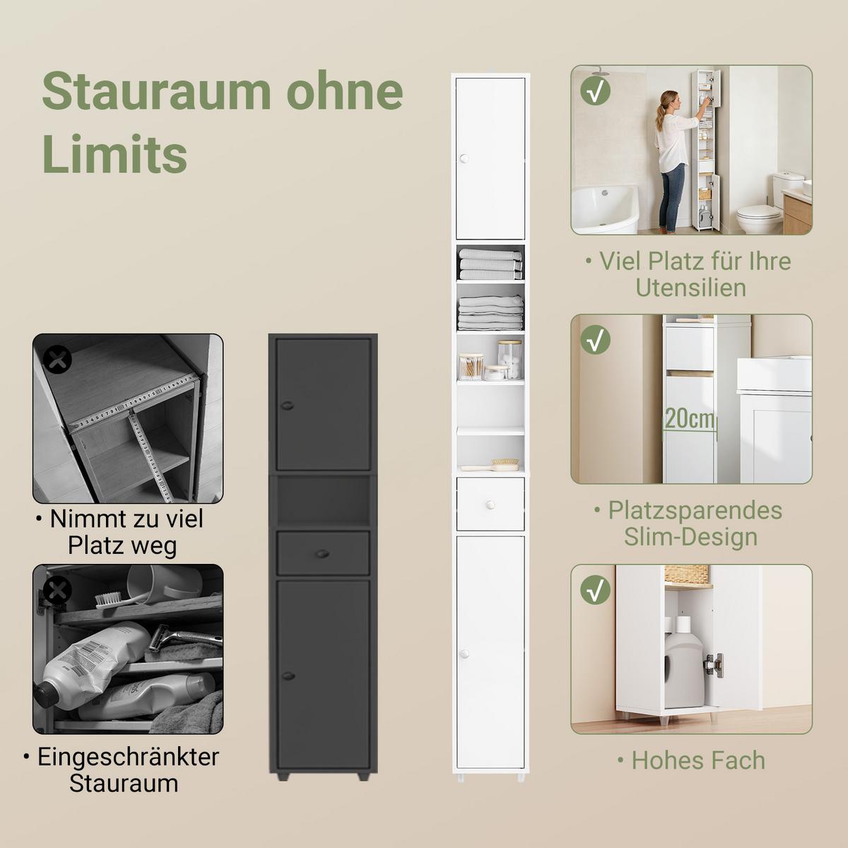 HOCHSCHRANK schmal Badschrank Weiß-Natur 20x180x20cm - Weiß/Naturfarben, Holzwerkstoff (20/180/20cm) - SoBuy