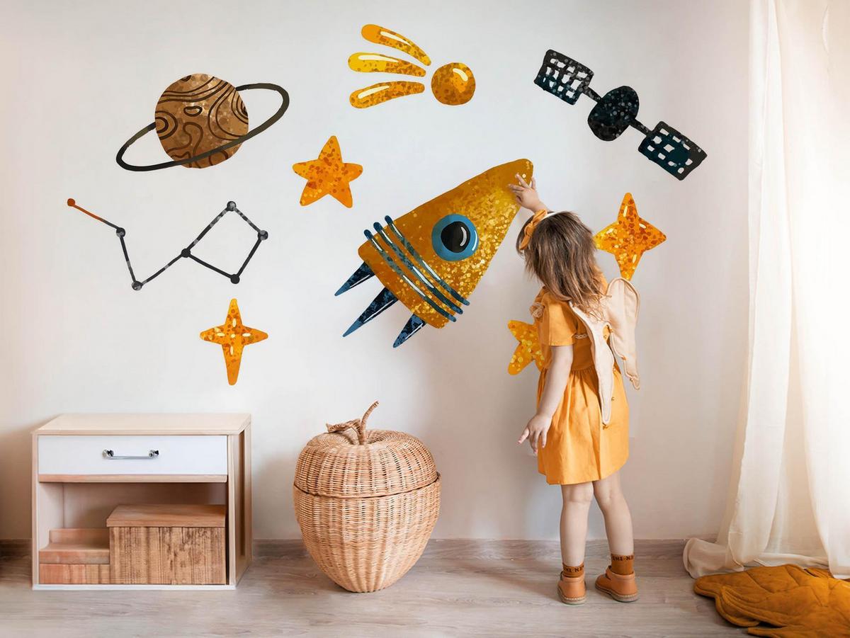 WANDAUFKLEBER 100x144cm - Raketenplanet und Sterne - Multicolor, Kunststoff (100/144/0.1cm) - Wallfluent