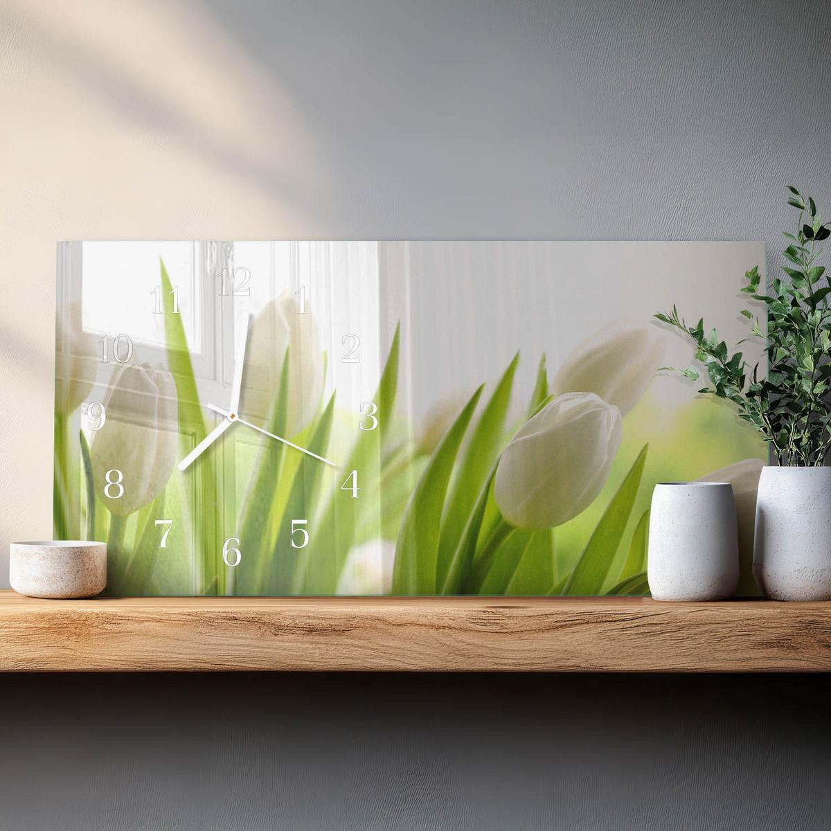 WANDUHR aus Glas 60x30 cm - Weiße Tulpen - Weiß, Glas (60/30/0.4cm) - TULUP