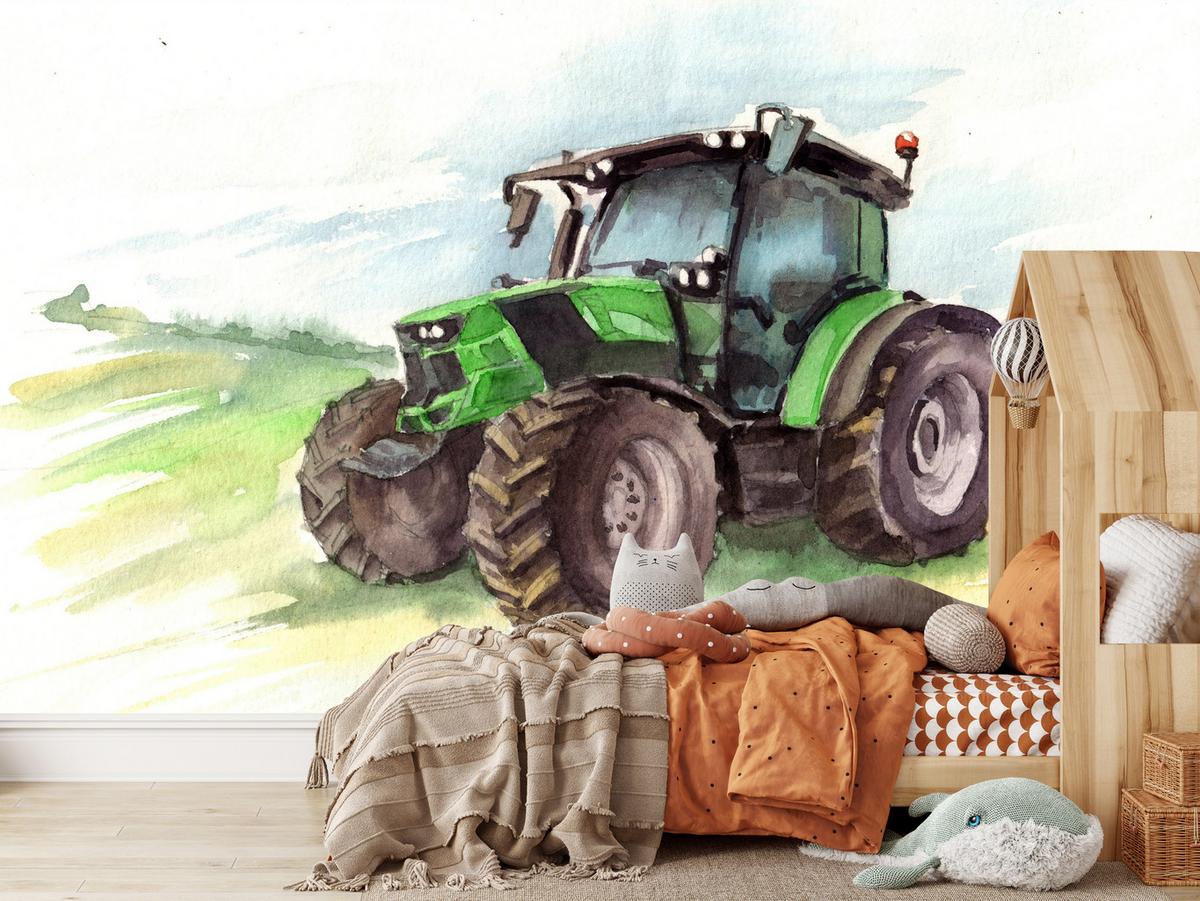 FOTOTAPETE für Kinderzimmer Aquarell Grüner Traktor Feld 300x210 - Gelb/Schwarz, Papier (300/210cm) - Muralo