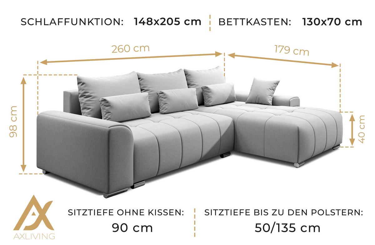 ECKSOFA L Form Rivolli Beige 260/179/98 cm – modernes Sofa fürs Wohnzimmer - Beige/Silberfarben, Textil/Metall (260/179cm) - AX Living
