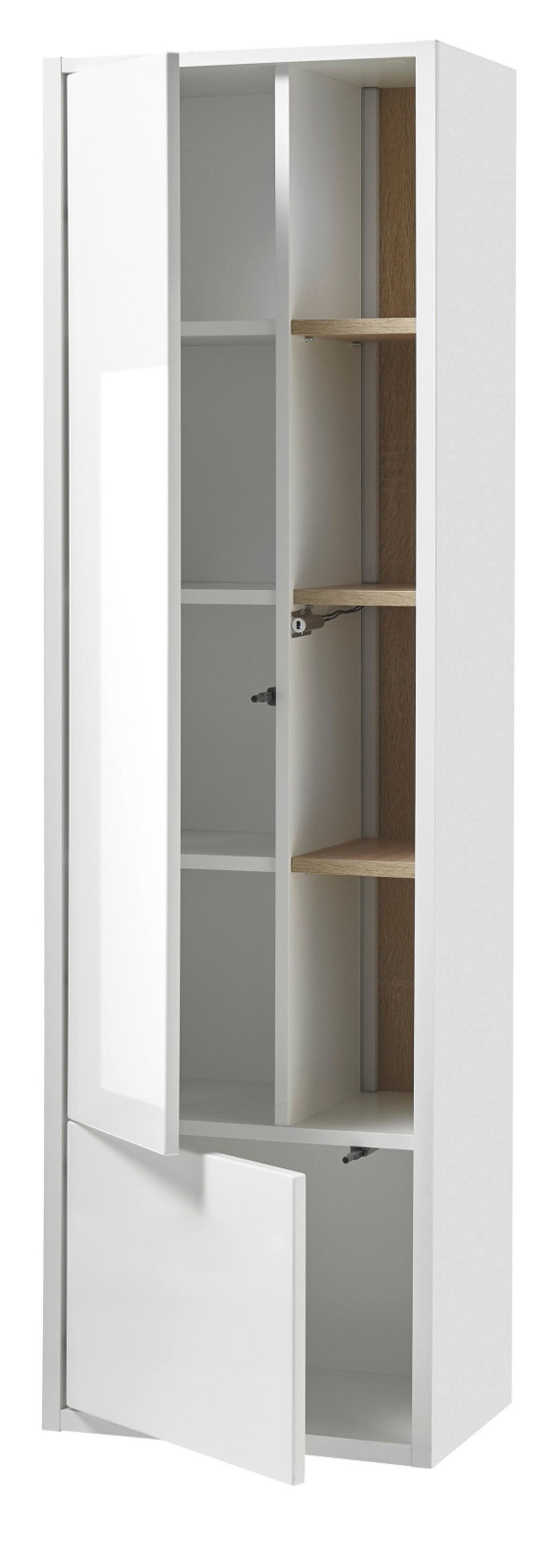HOCHSCHRANK weiß Hochglanz, Eiche 45 cm, Badschrank inklusive Beleuchtung - Weiß Hochglanz, Holzwerkstoff (45/150/30cm) - Furn.Design