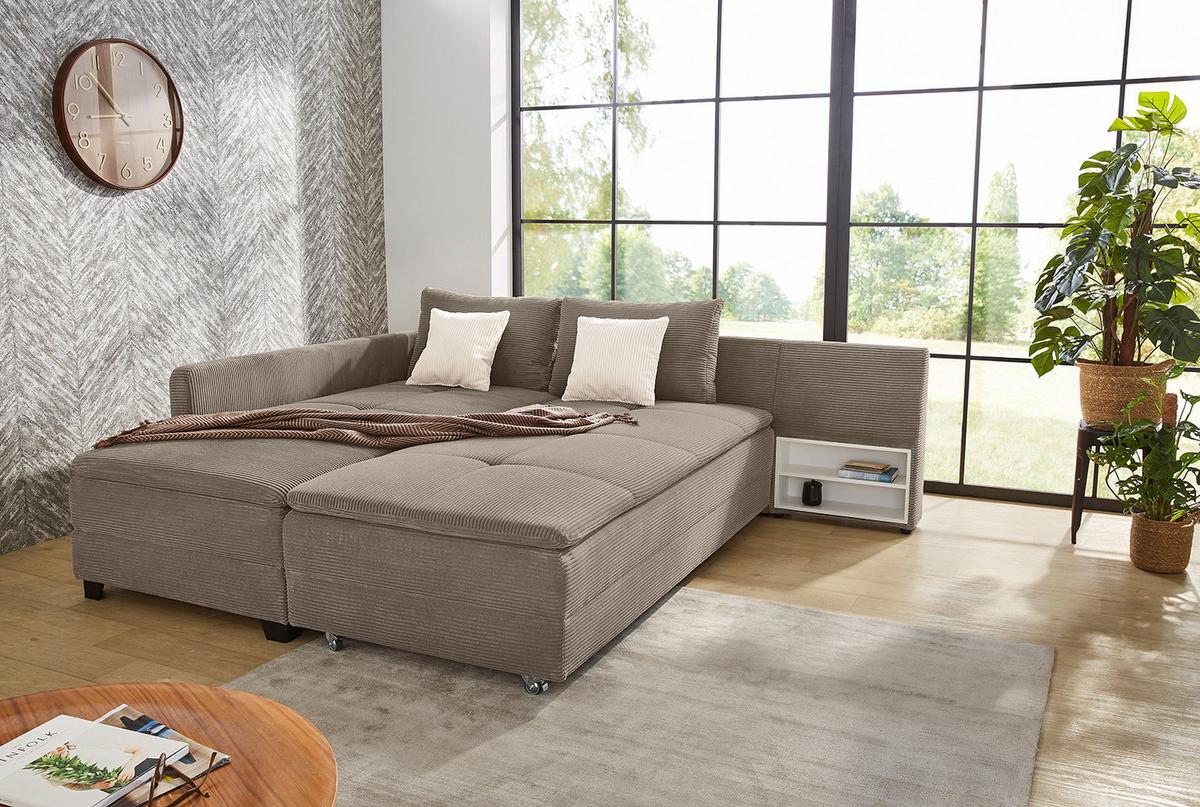 ECKSOFA-DAUERSCHLÄFER Doppelbett Boxspring Federkern Topper, seitenverkehrt montierbar B306/T223/H95 cm, Cord Braun Taupe / 15162 - Schwarz/Braun, Kunststoff/Textil (306/223cm) - luma-home