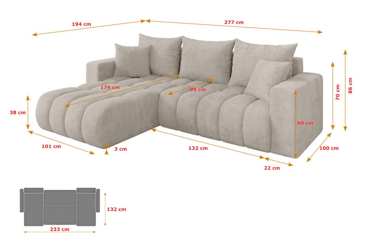 ECKSOFA mit Schlaffunktion Ottomane Links MILA-L-v1 277x195x86 Creme Cord - Ecru/Creme, Holzwerkstoff/Kunststoff (277/194cm) - ALTDECOR