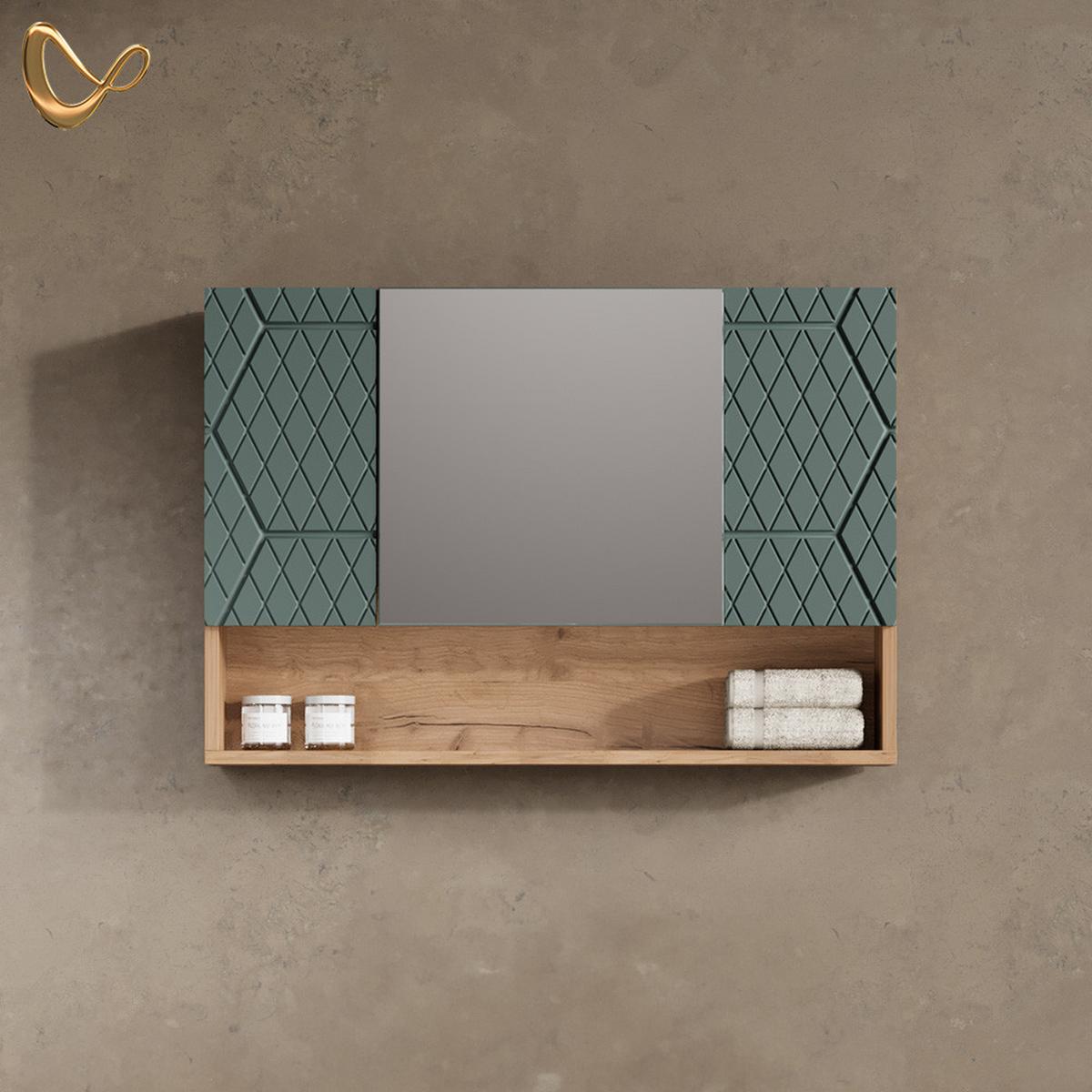 BADSPIEGELSCHRANK Ronco Grün/Goldkraft Eiche 80 x 55 cm - Honigeiche/Grün, Holzwerkstoff (80/55/17cm) - Livinity®