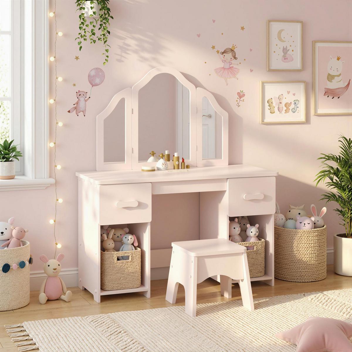 KINDERSCHMINKTISCH-SET MDF Acryl Rosa - Rosa/Naturfarben, Holzwerkstoff (33/90.7/79.5cm) - AIYAPLAY