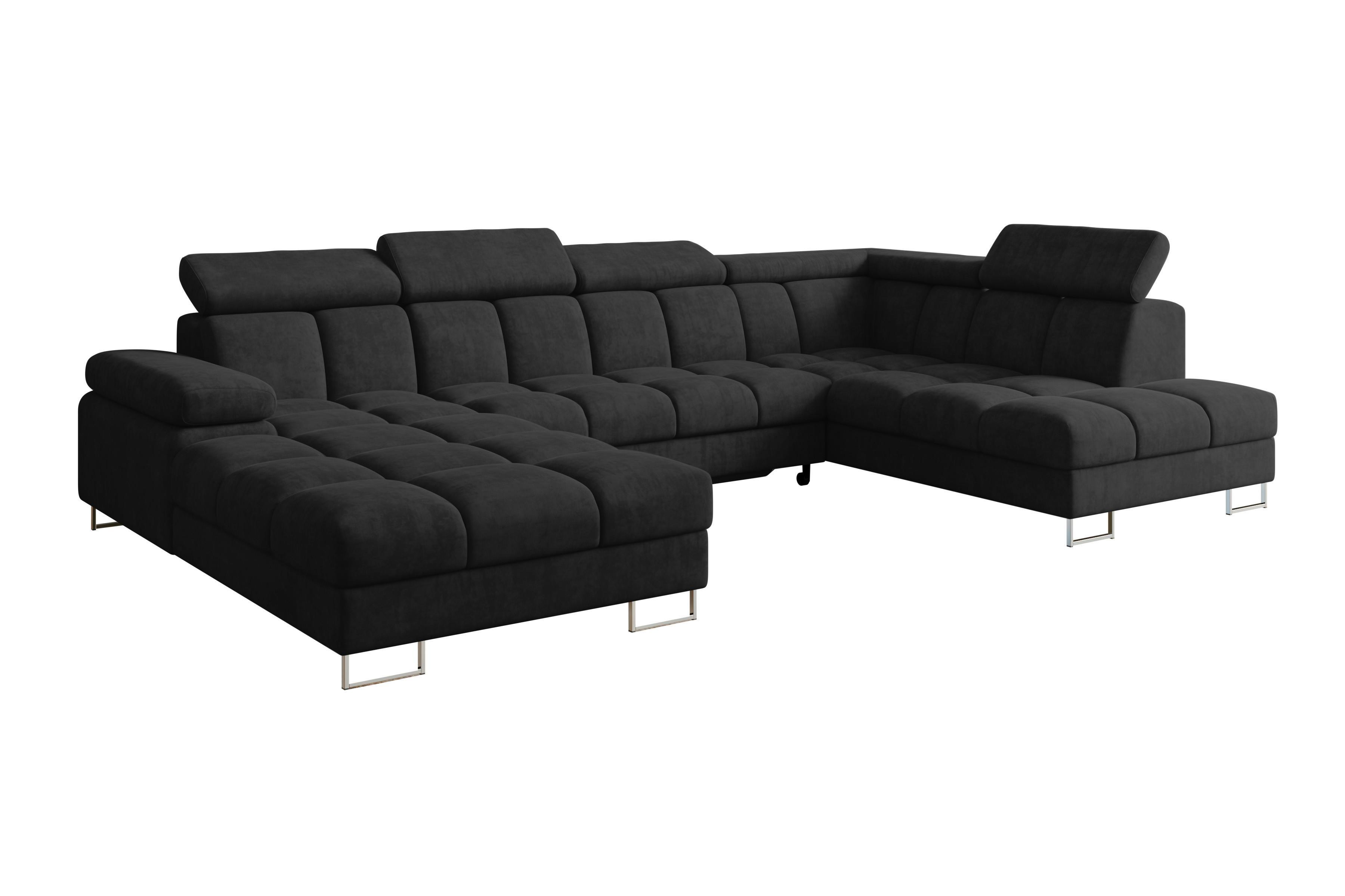 WOHNLANDSCHAFT mit Schlaffunktion und Bettkasten Ottomane RECHTS COMA U 345x203x79 Schwarz Velours - Schwarz, Holzwerkstoff/Textil (203/79/345cm) - ALTDECOR