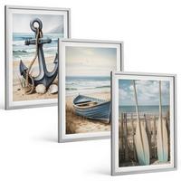 BILDER SET 3er Set - 40x60 cm Silberner Rahmen - Anker, Boot, Ruder, Strand - Silberfarben, Kunststoff (40/60cm) - TULUP