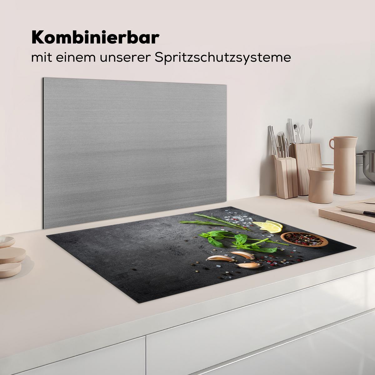 HERDABDECKPLATTE Limette - Kräuter - Gewürze - Grün - Grau - Beton Induktionsmatte 77x51 cm - Grün, Kunststoff (77/51/0.2cm) - MuchoWow