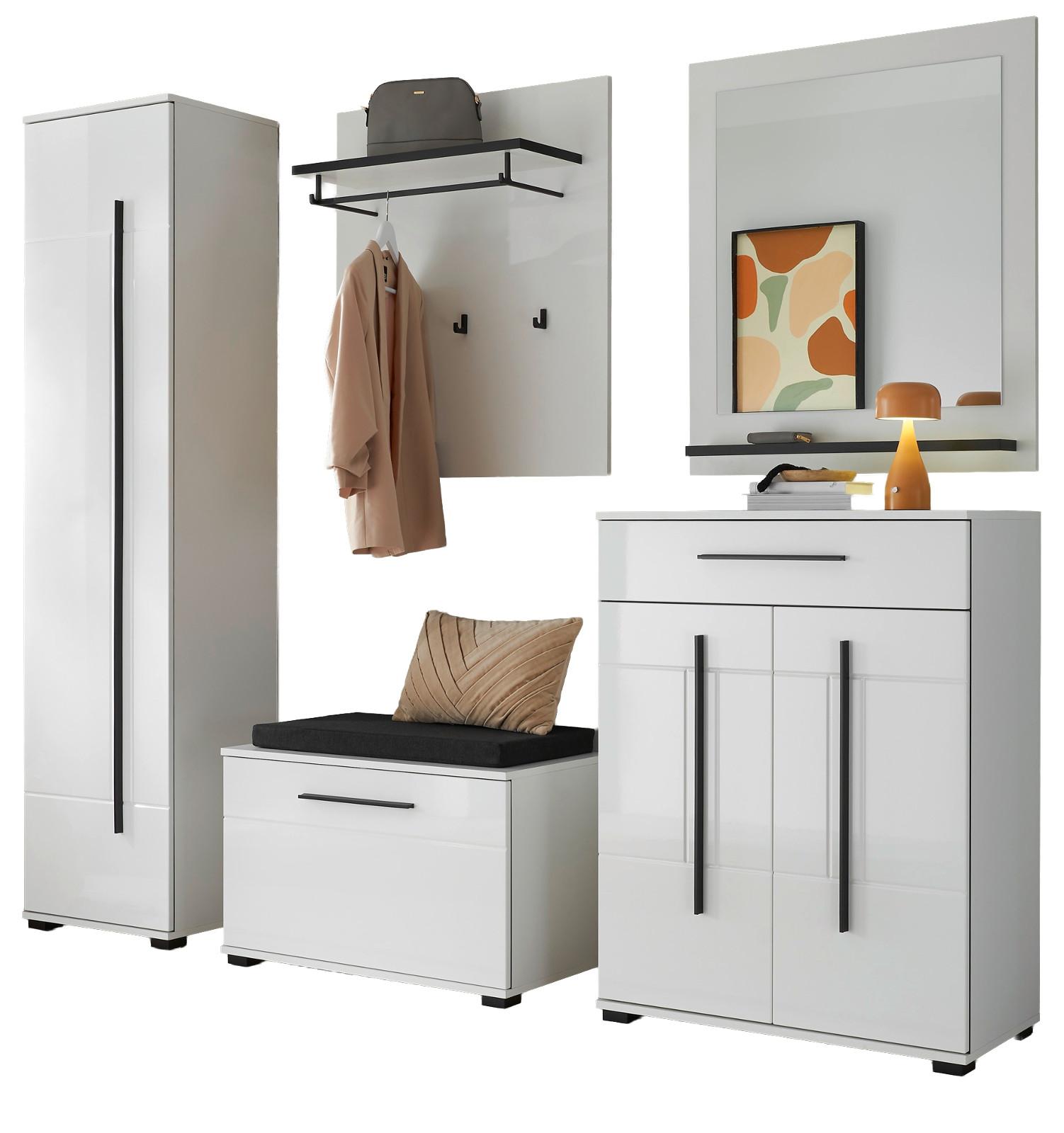 GARDEROBEN-SET weiß Hochglanz 6-teilig 230 cm, Flurgarderobe mit Soft-Close - Dunkelgrau/Weiß Hochglanz, Glas/Holzwerkstoff (230/200/40cm) - Furn.Design