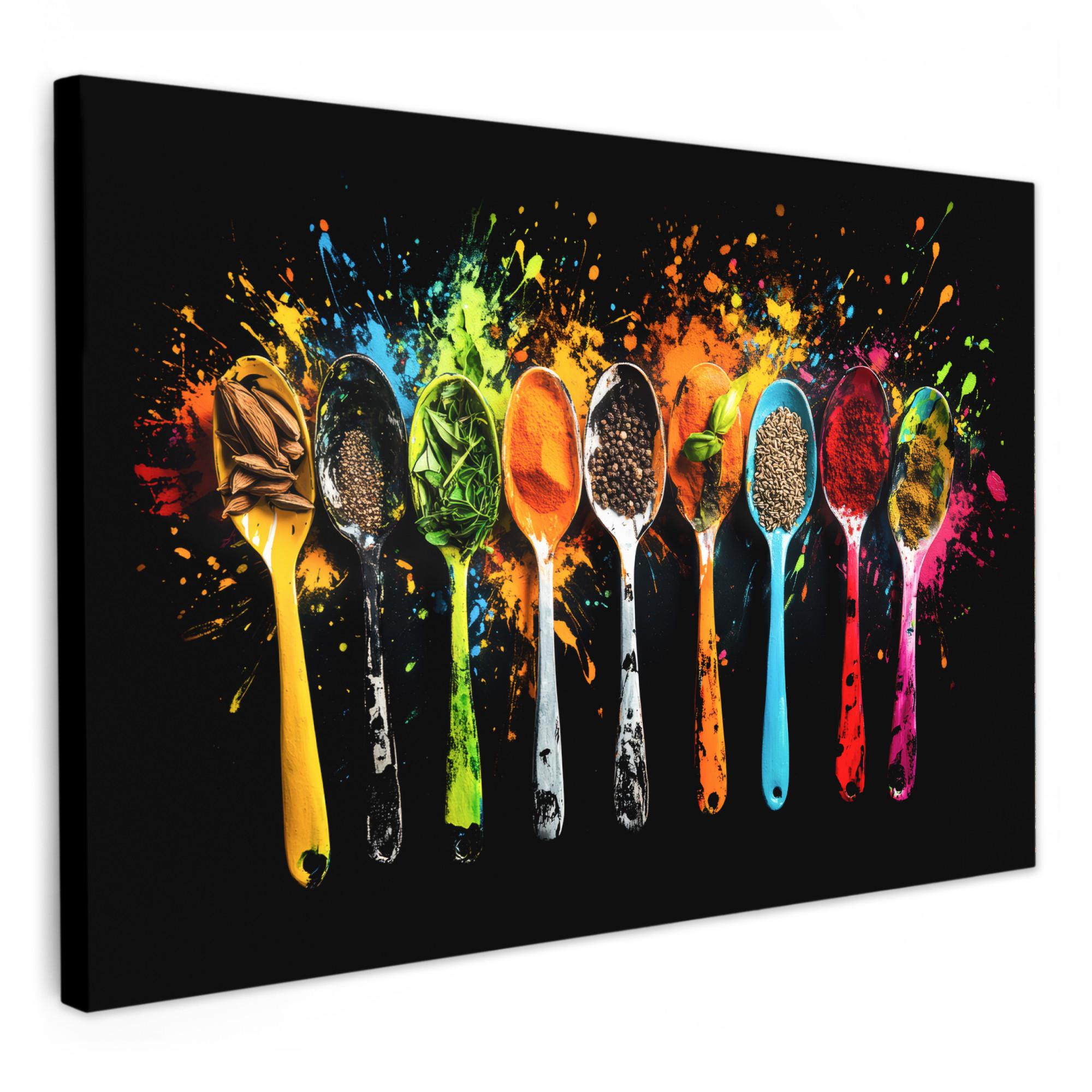 LEINWANDBILD Löffel - Gewürze - Modern - Graffiti - Farbe - Farbenfroh Gemälde 60x40 cm - Multicolor, Textil (60/40cm) - MuchoWow