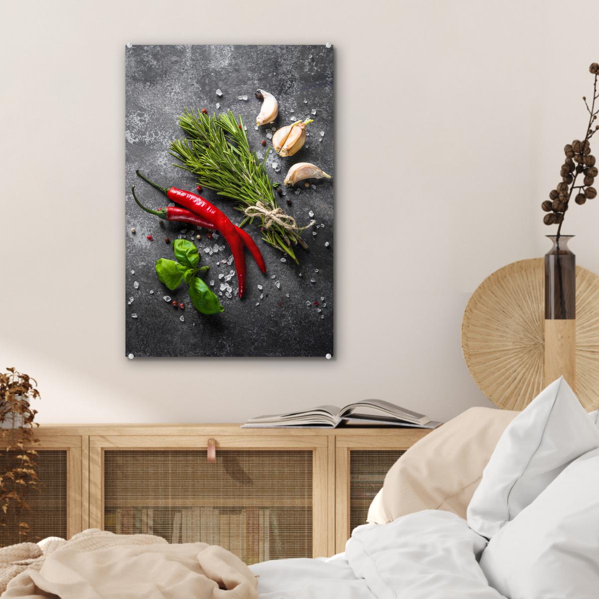 ACRYLGLASBILD Pfeffer - Kräuter - Gewürze - Beton Wanddeko Wohnzimmer 40x60 cm - Dunkelgrau, Glas (40/60cm) - MuchoWow