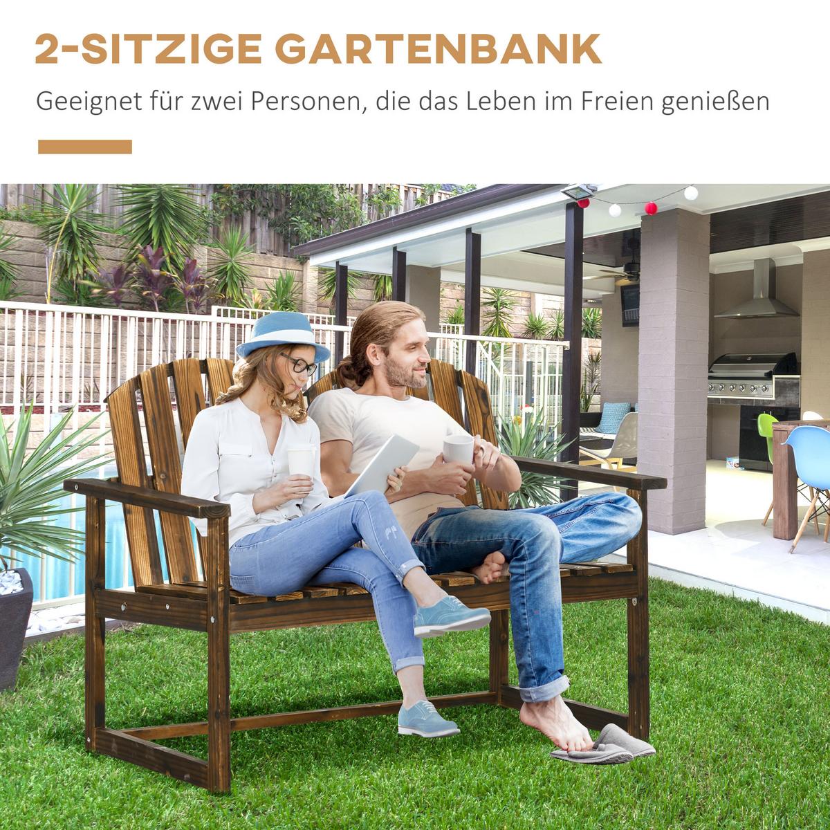 GARTENBANK, 2-Sitzer Sitzbank, Holzbank mit Rückenlehne, Armlehne, Parkbank, Verkohlt - Dunkelbraun, Holz (63/86/114cm) - Outsunny