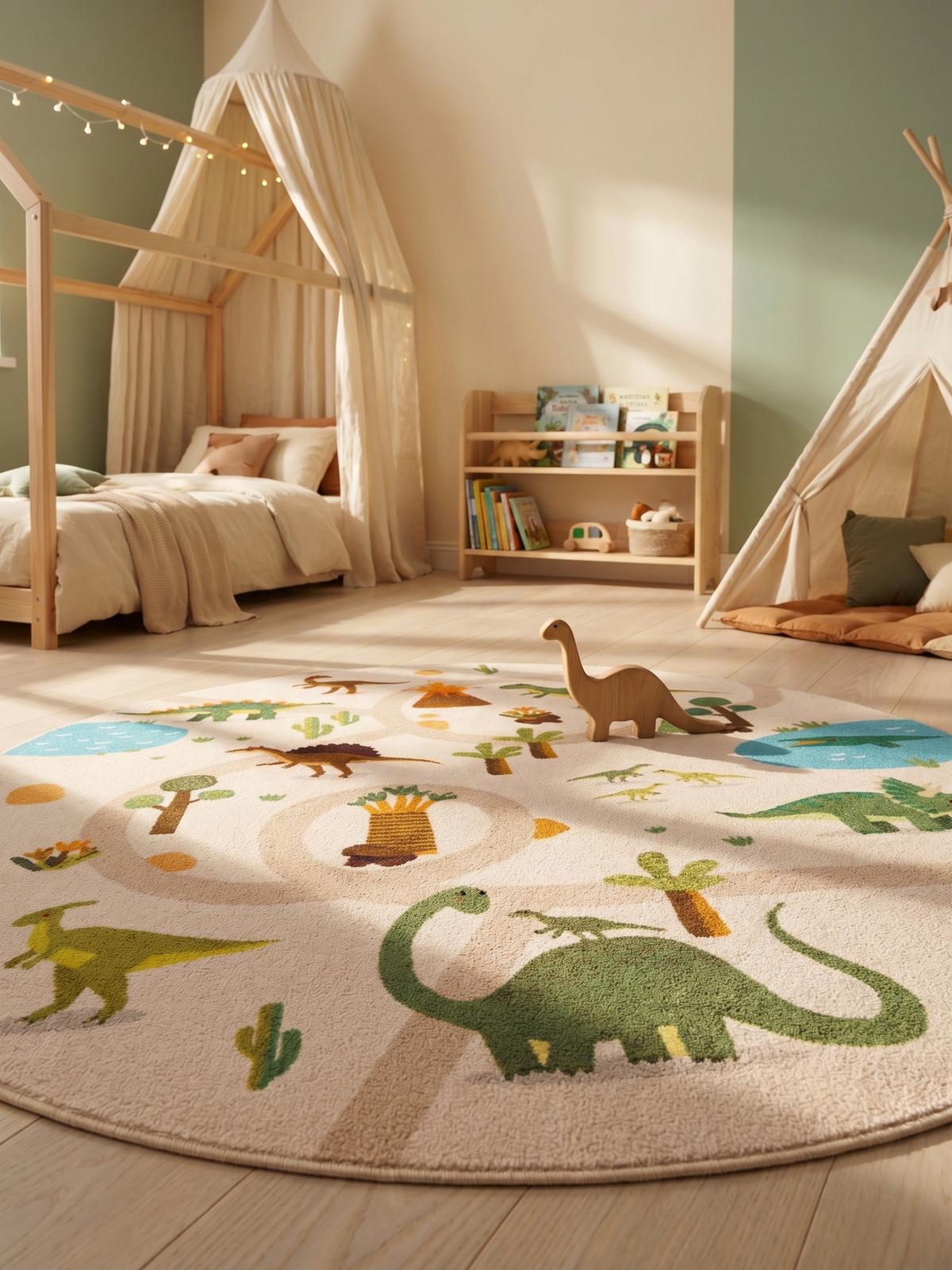 SPIELTEPPICH Waschbar TINO in Beige, mit Dino-Landschaft, Ø 120 cm - Beige, Textil (120/120cm) - KADIMA DESIGN