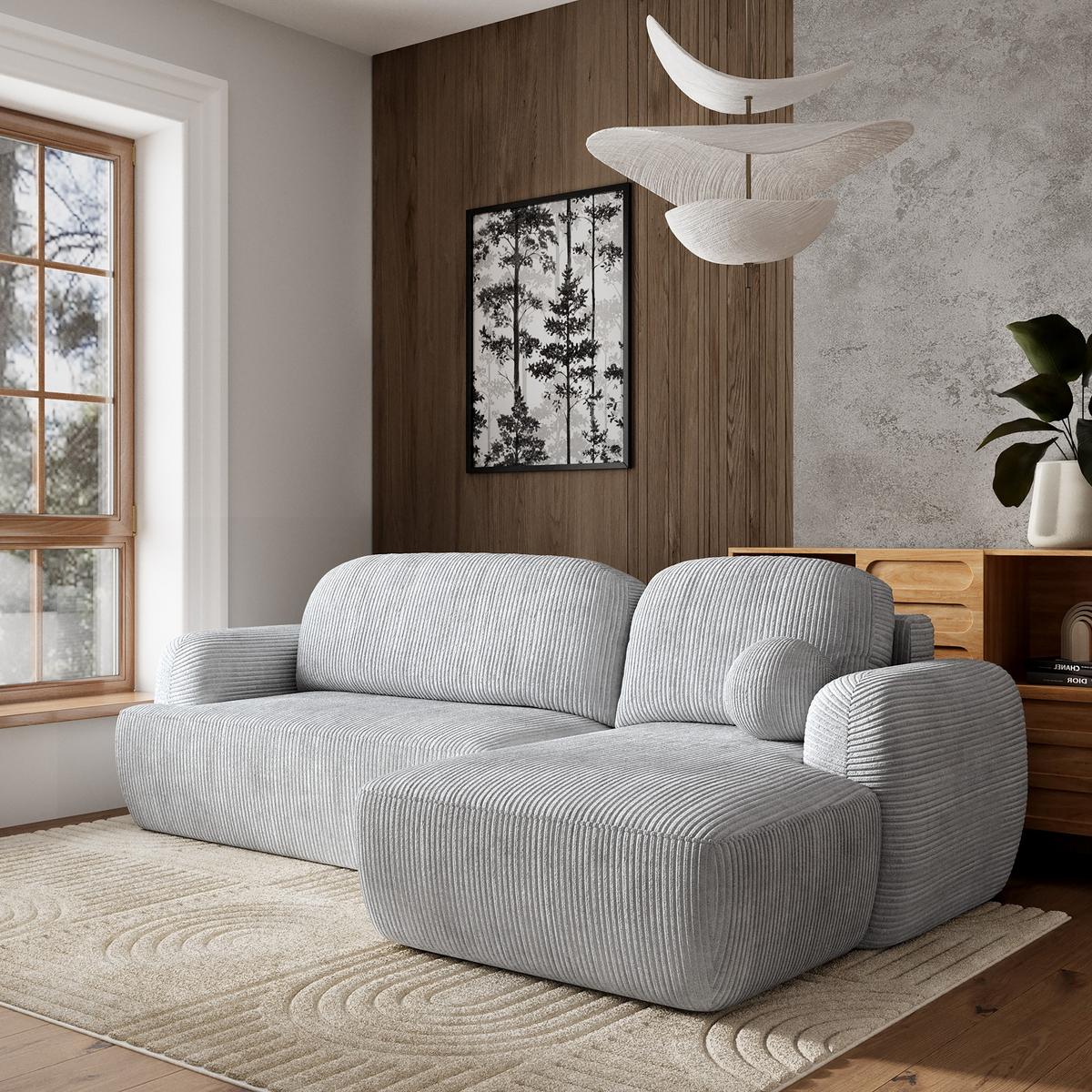 ECKSOFA MODENZA P R-S Hellgrau Kordstoff mit Schlaffunktion - Hellgrau/Schwarz, Holz/Kunststoff (266/148cm) - MASSENO