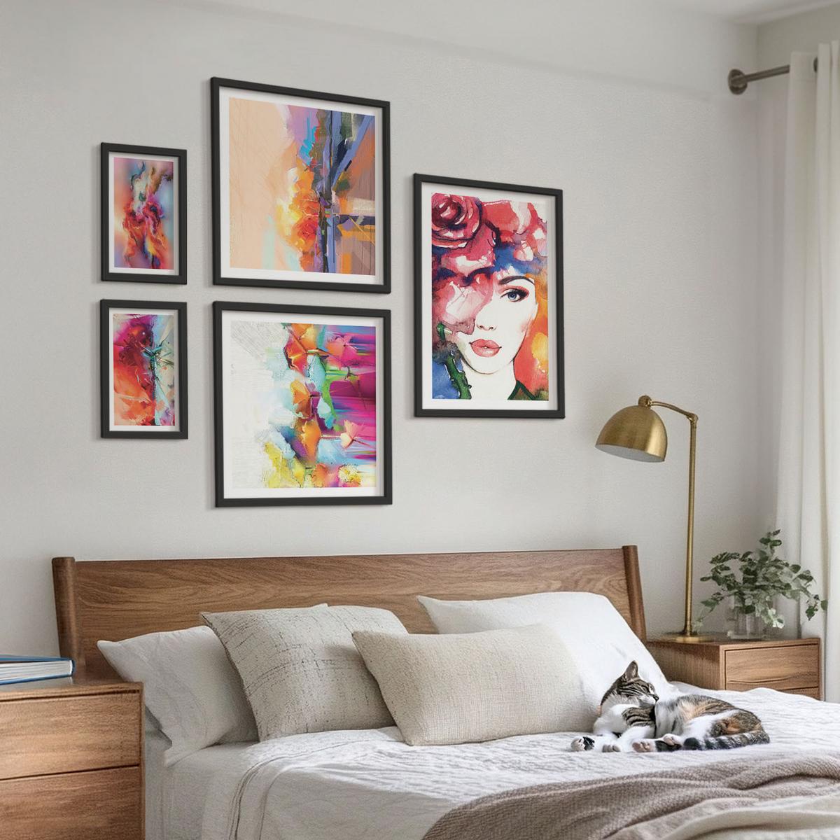 BILDER SET 5er Set - 50x50 cm & 20x30 cm & 40x60 cm Schwarzer Rahmen - Italienische Flüsse, Hügel, Straße - Schwarz, Kunststoff (40/60cm) - TULUP