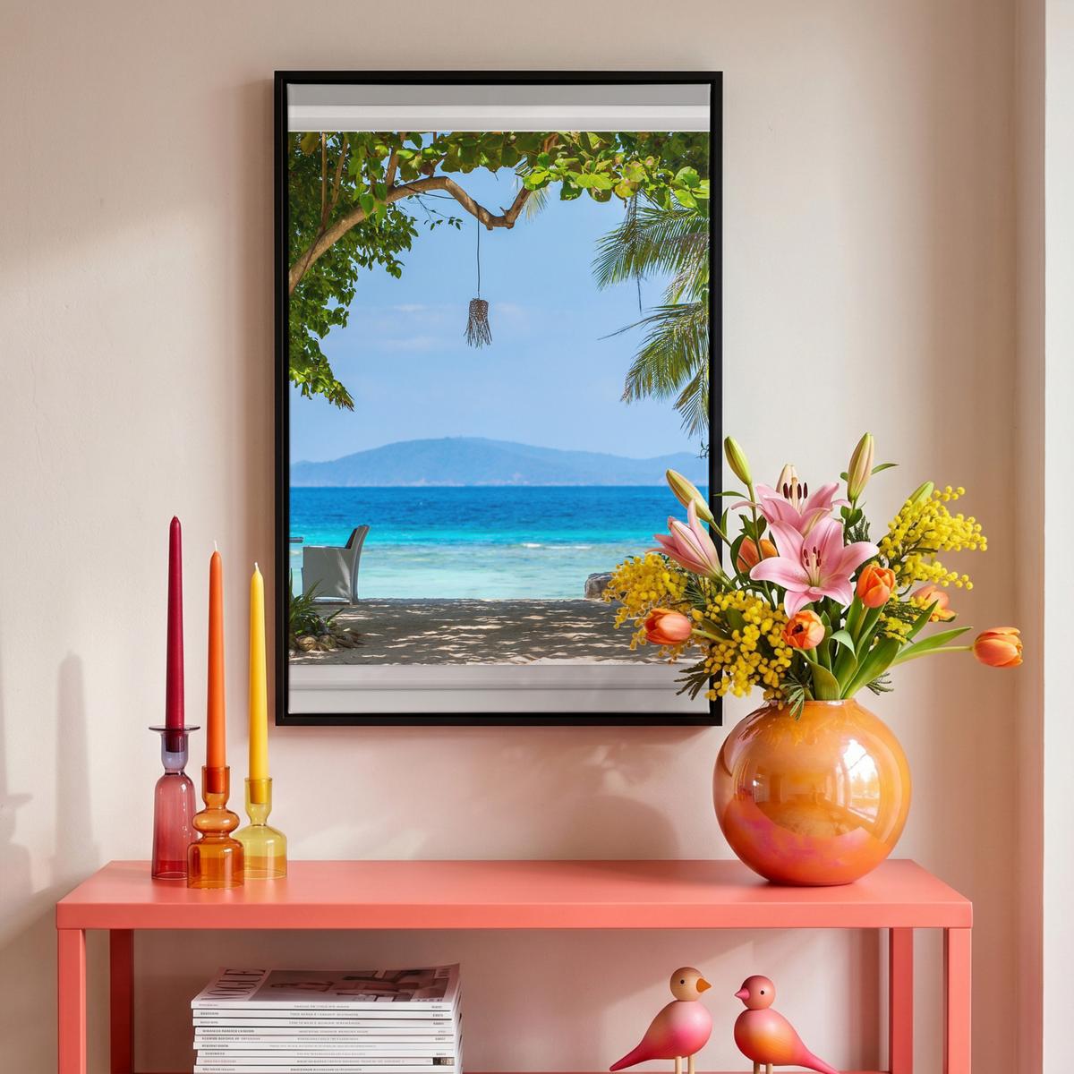 LEINWAND Bilder mit Rahmen - Aussicht - Baum - Meer - Palme - Hügel - Strand - Blau - 40x60 - Blau, Textil (40/60cm) - MuchoWow