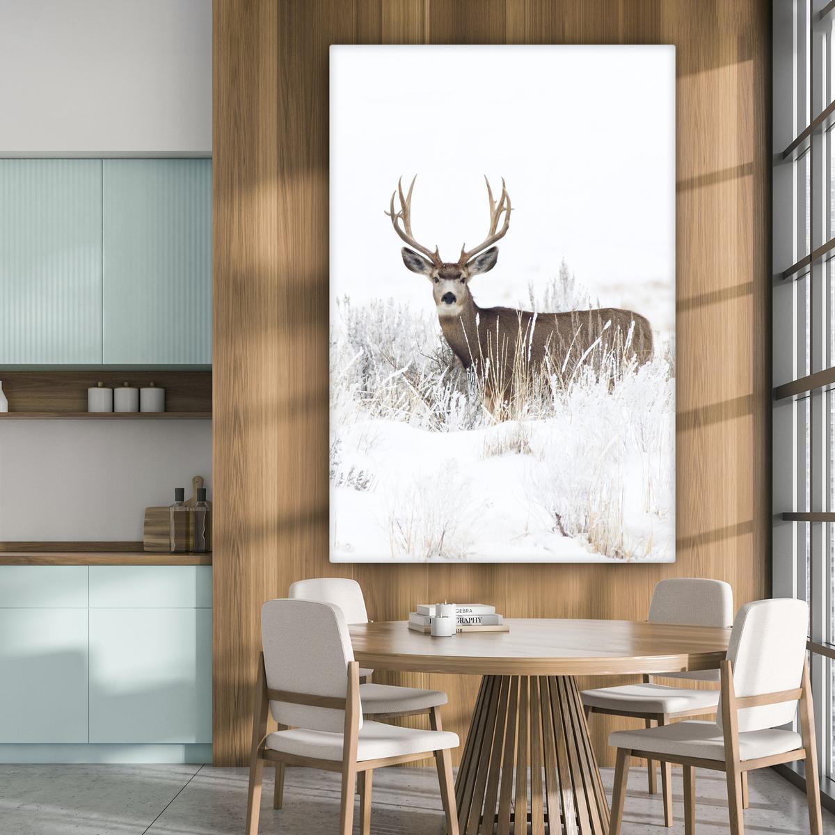 LEINWANDBILD Hirsche - Winter - Schnee - Tiere - Jahreszeiten - Weiß Deko Groß 90x140 cm - Hellbraun, Textil (90/140cm) - MuchoWow