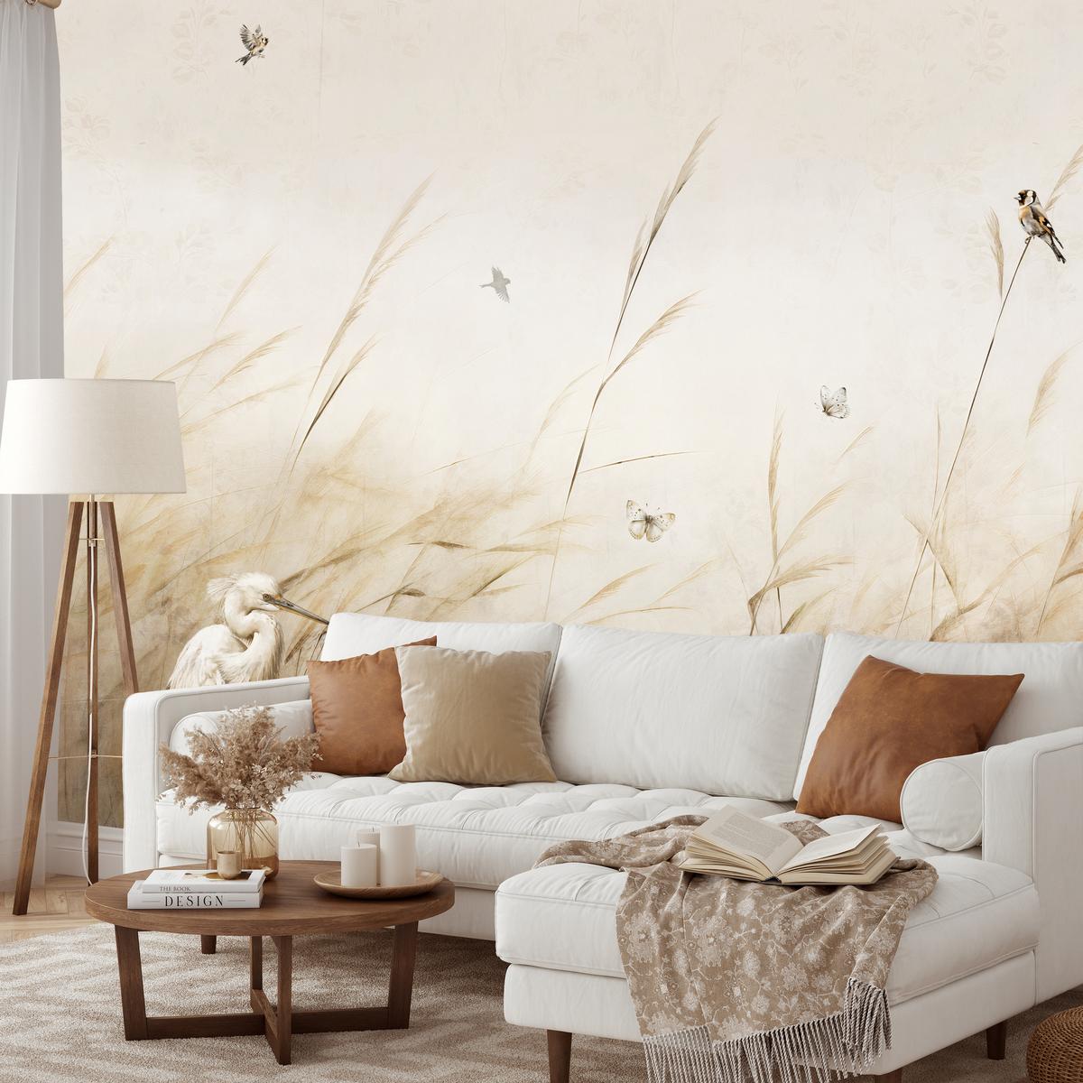 FOTOTAPETE für Schlafzimmer Vögel Storch Hohe Gräser Aquarell 500x350 - Beige/Gelb, Papier (500/350cm) - Muralo