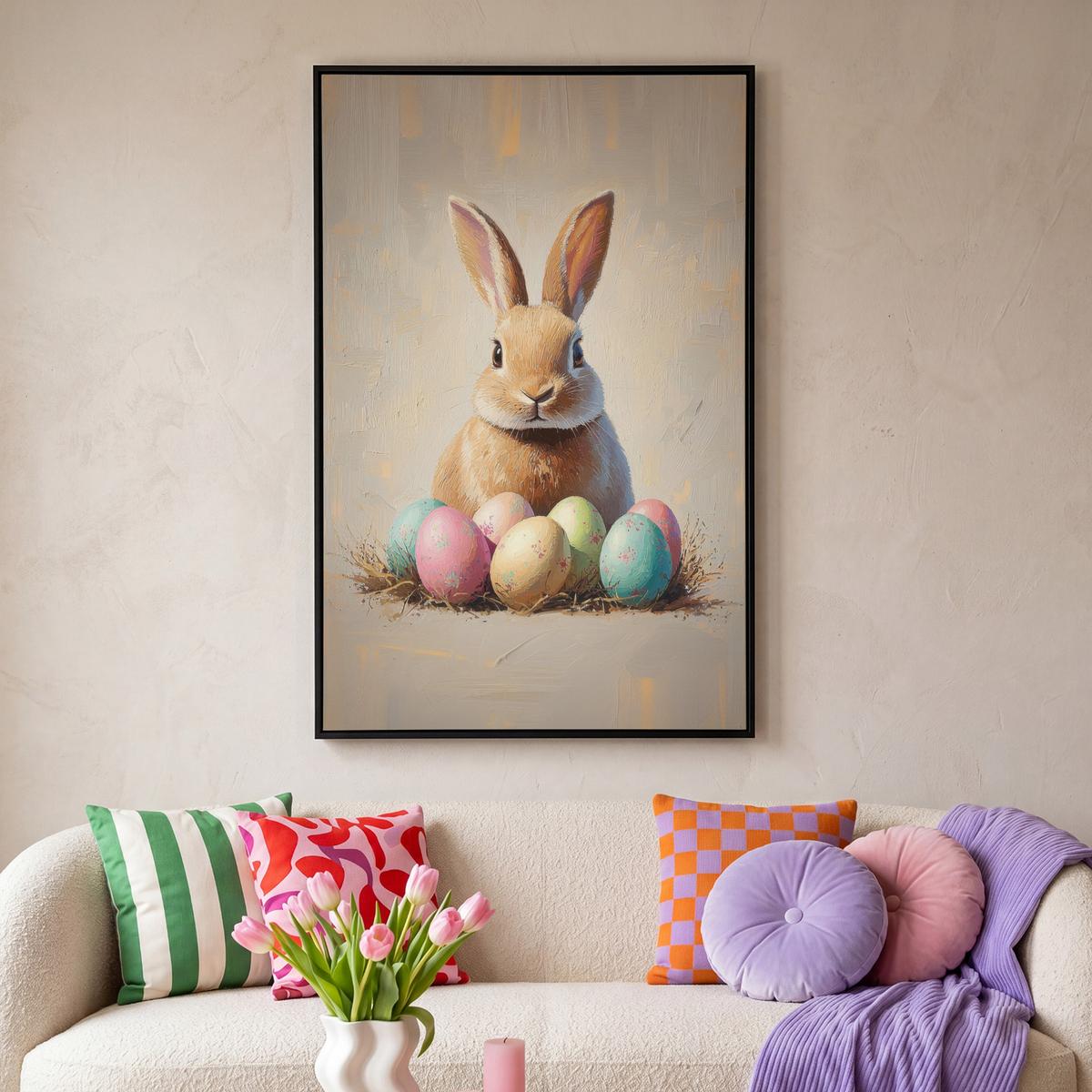LEINWAND Bilder mit Rahmen - Osterhase - Pastell - Eier - 100x150 - Beige, Textil (100/150cm) - MuchoWow