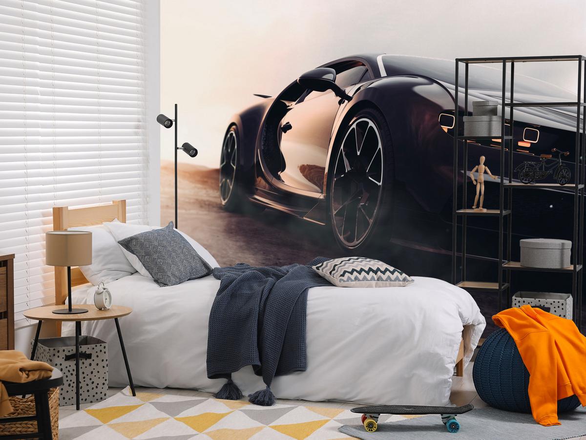 FOTOTAPETE für Jugendzimmer Schwarzer Sportwagen Wüste Luxus Auto Sand 500x350 - Gelb/Weiß, Papier (500/350cm) - Muralo
