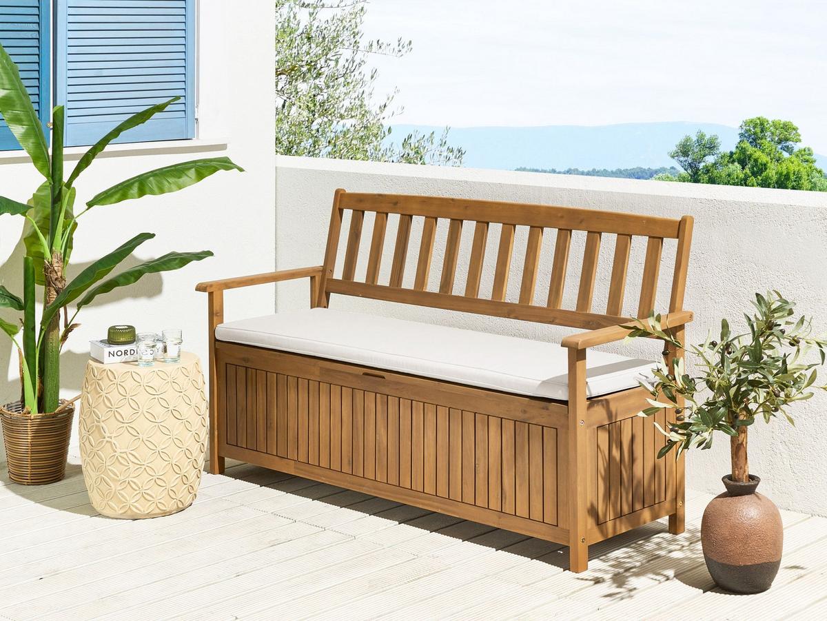 GARTENBANK mit Auflage 160 cm Akazienholz Cremeweiß Sovana - Creme/Braun, Holz (160/91/60cm) - Beliani