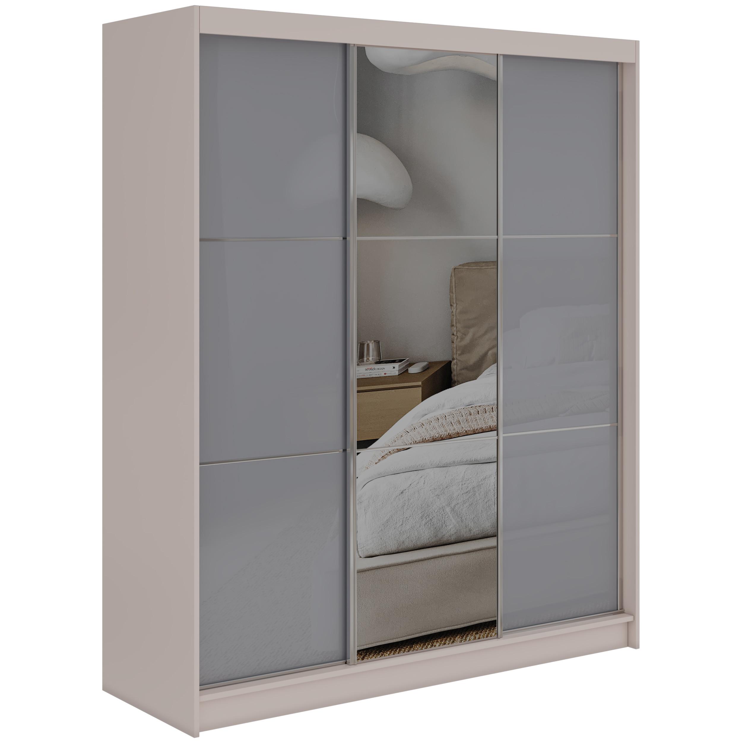 SCHWEBETÜRENSCHRANK mit Spiegel und Schubladen - WALENCJA - 180 - Kaschmir-Grau lacobel - Kaschmir/Alufarben, Holzwerkstoff/Metall (180/216/61cm) - MKS