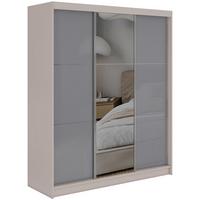SCHWEBETÜRENSCHRANK mit Spiegel und Schubladen - WALENCJA - 180 - Kaschmir-Grau lacobel - Kaschmir/Alufarben, Holzwerkstoff/Metall (180/216/61cm) - MKS
