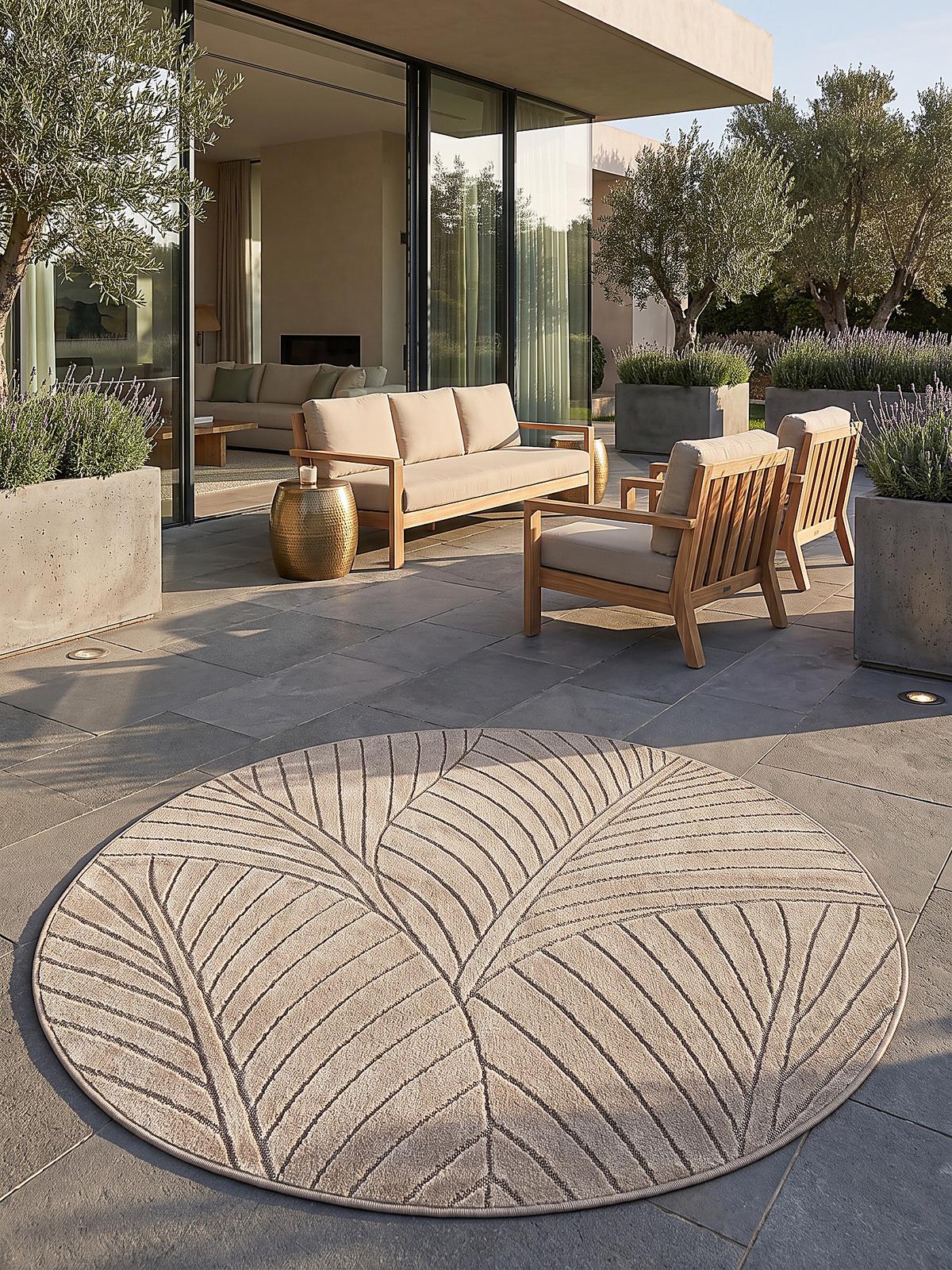 TEPPICH Outdoor, Fußbodenheizung-geeignet, mit Blattmotiv, ENGADIN in Beige, Ø 160 cm - Beige, Textil (160/160cm) - KADIMA DESIGN
