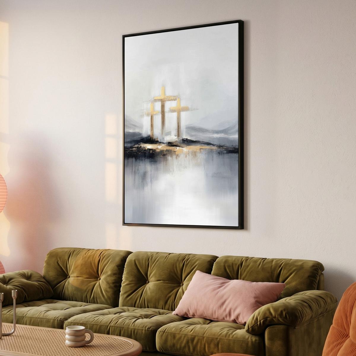 LEINWAND Bilder mit Rahmen - Abstrakt - Malerei - Christentum - Kreuz - 100x150 - Weiß, Textil (100/150cm) - MuchoWow